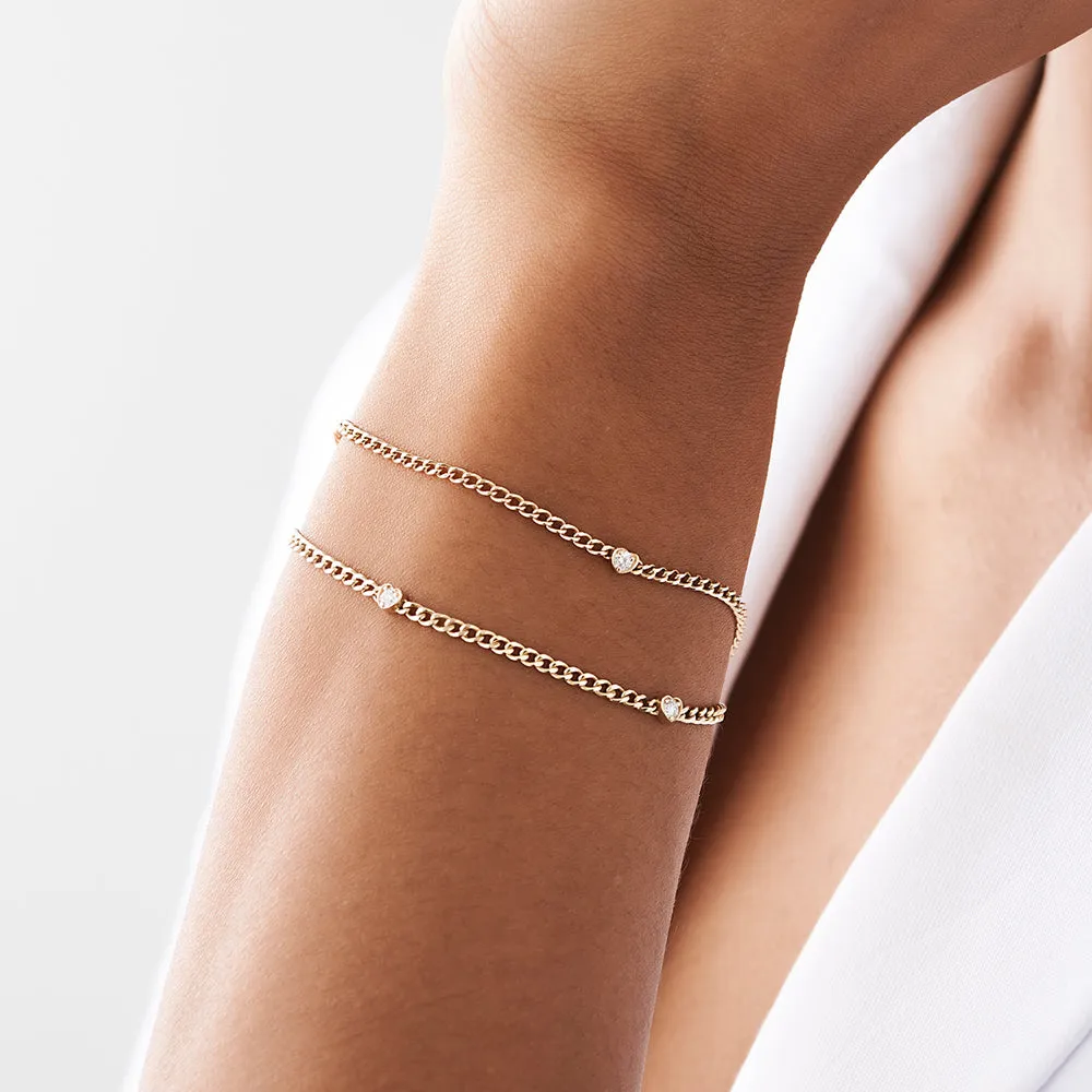 2Mm Curb Link Bracelet W Heart Shape Solitaire Round Diamonds - Image 6