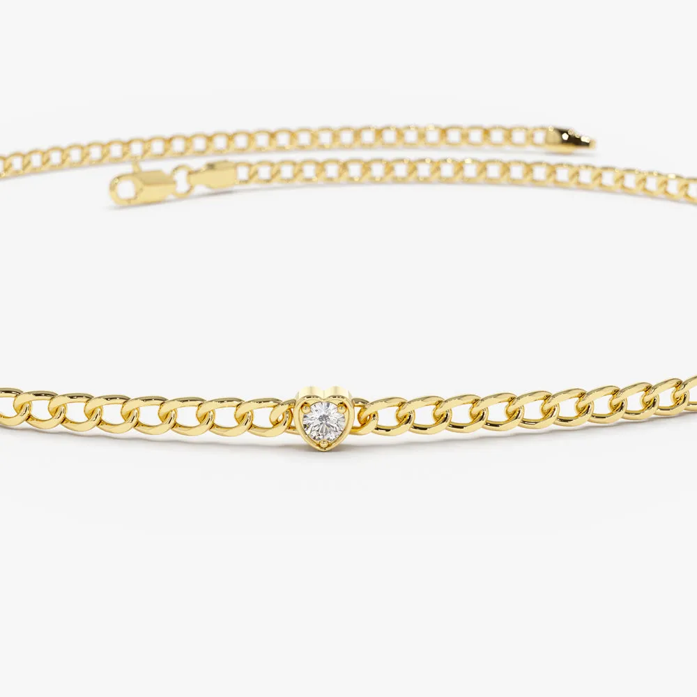 2Mm Curb Link Bracelet W Heart Shape Solitaire Round Diamonds - Image 3