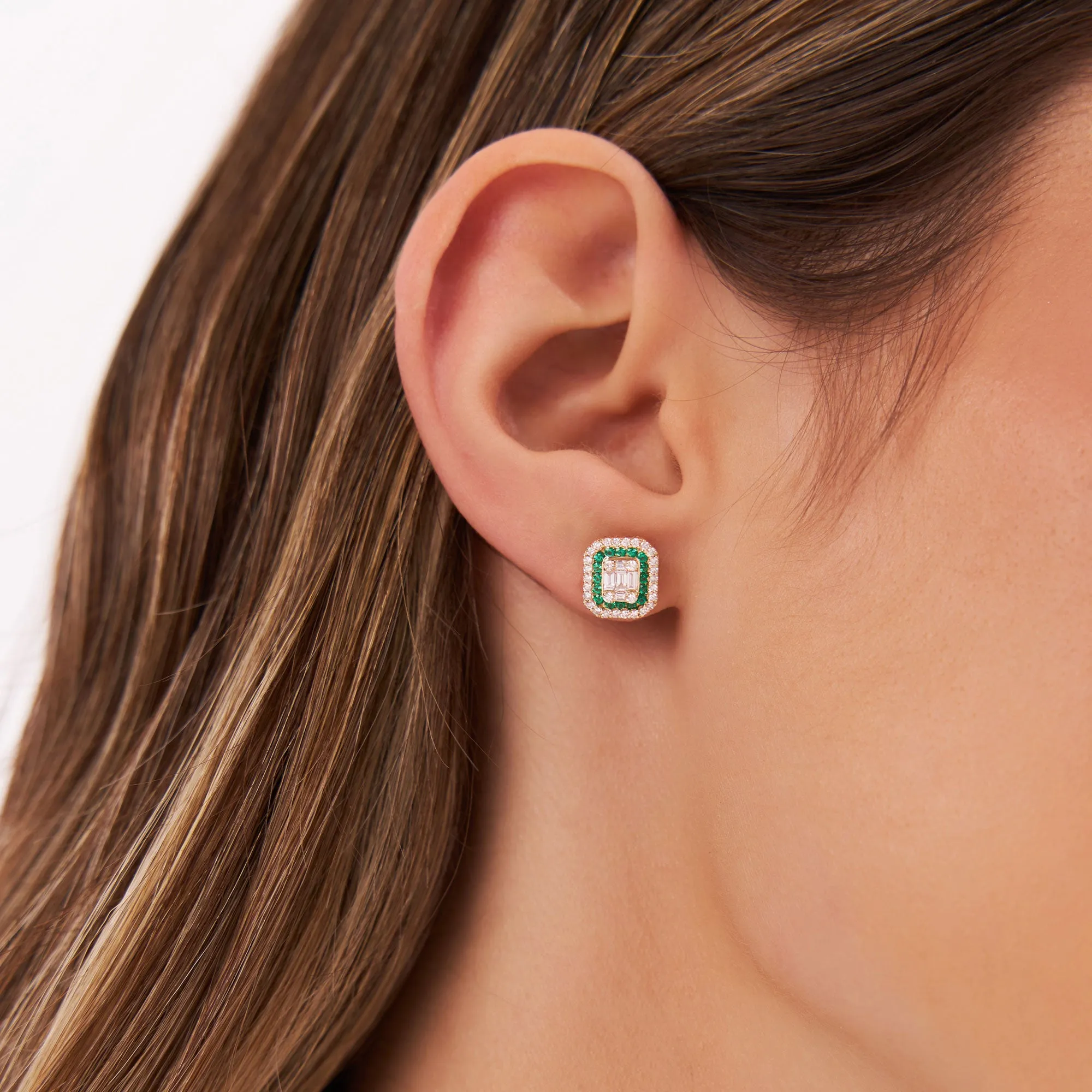 Baguette And Round Emerald Studs Halo Setting - Image 2