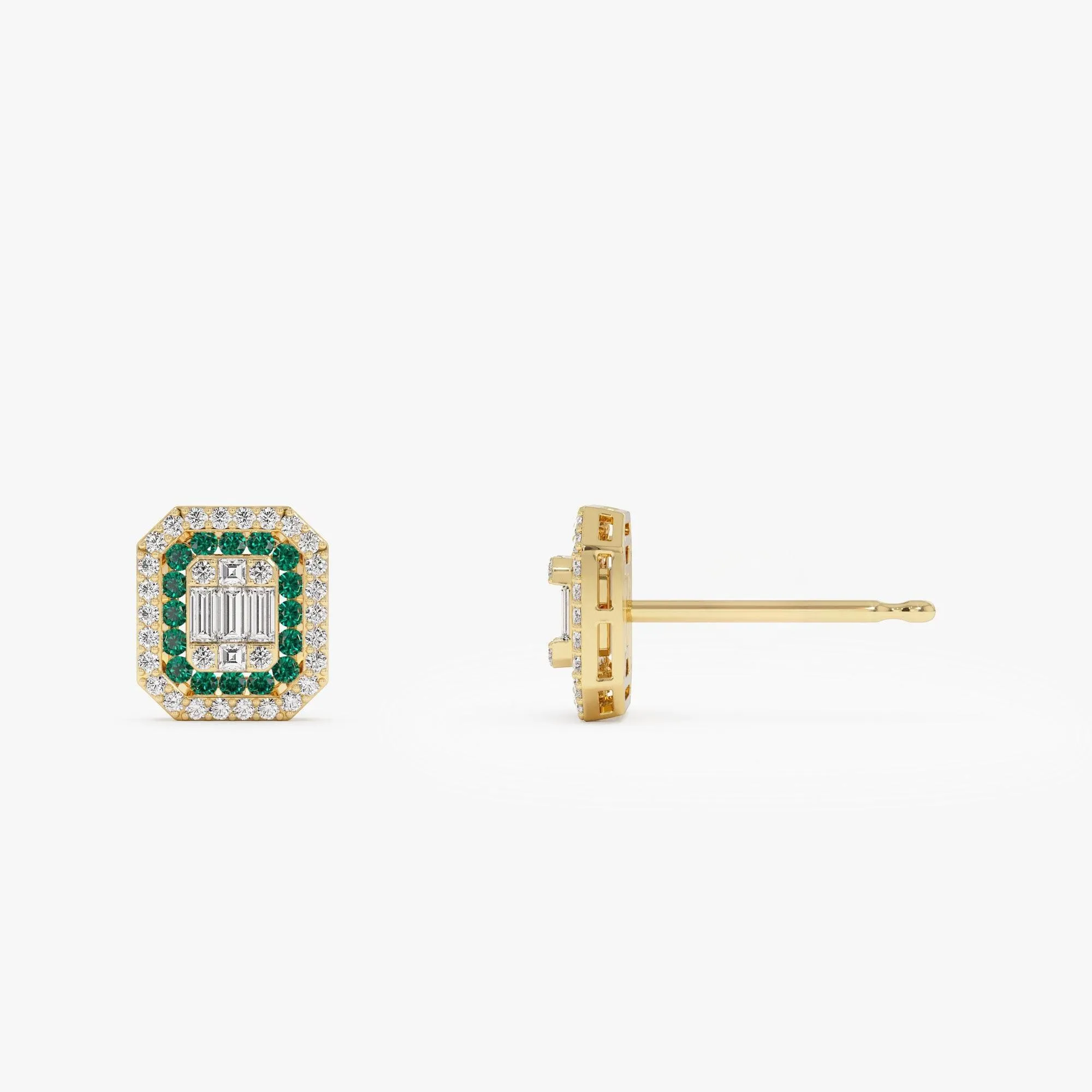 Baguette And Round Emerald Studs Halo Setting - Image 5