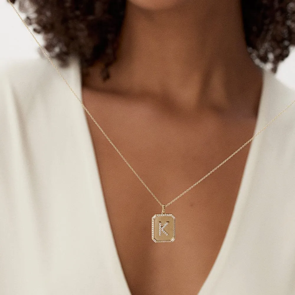 Baguette and Round Diamond Tag Initial Necklace - Image 2