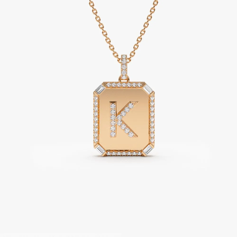 Baguette and Round Diamond Tag Initial Necklace - Image 3