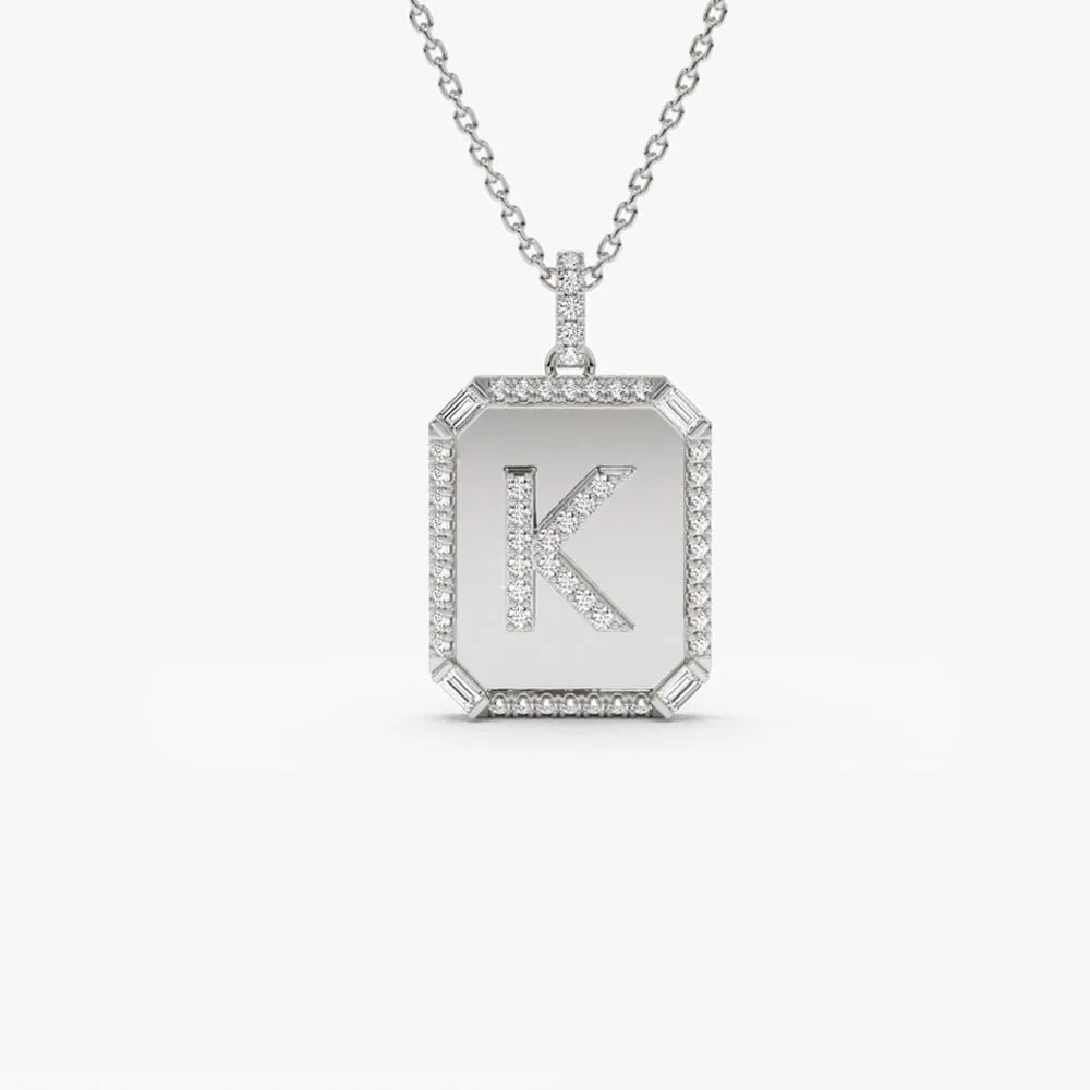 Baguette and Round Diamond Tag Initial Necklace - Image 4