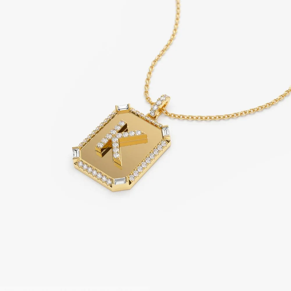 Baguette and Round Diamond Tag Initial Necklace - Image 5