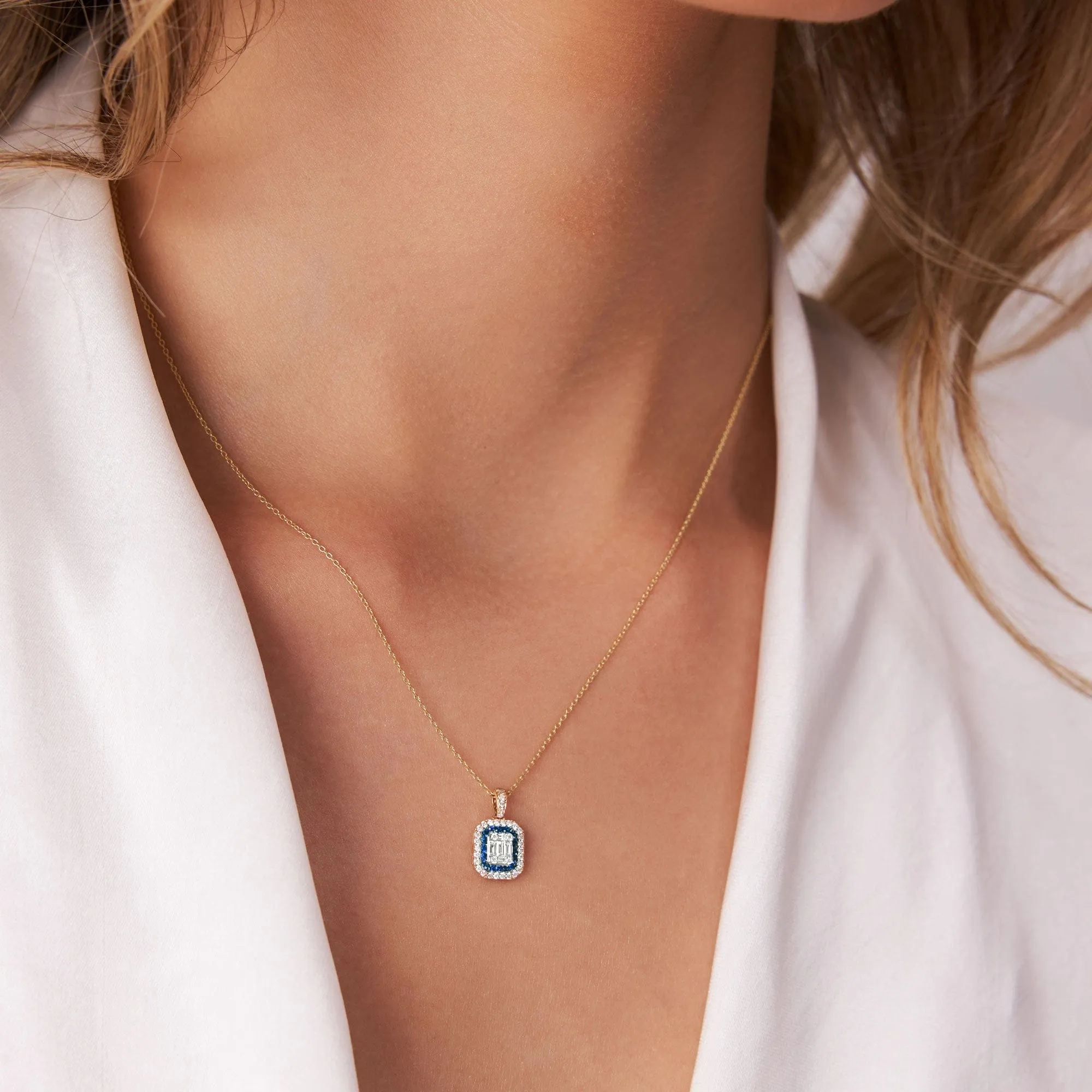 Baguette and Round Sapphire Necklace with Halo Setting - Image 2