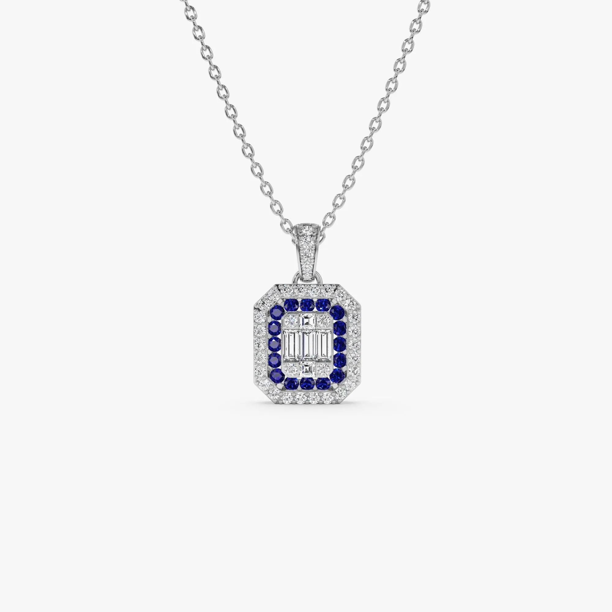Baguette and Round Sapphire Necklace with Halo Setting - Image 3