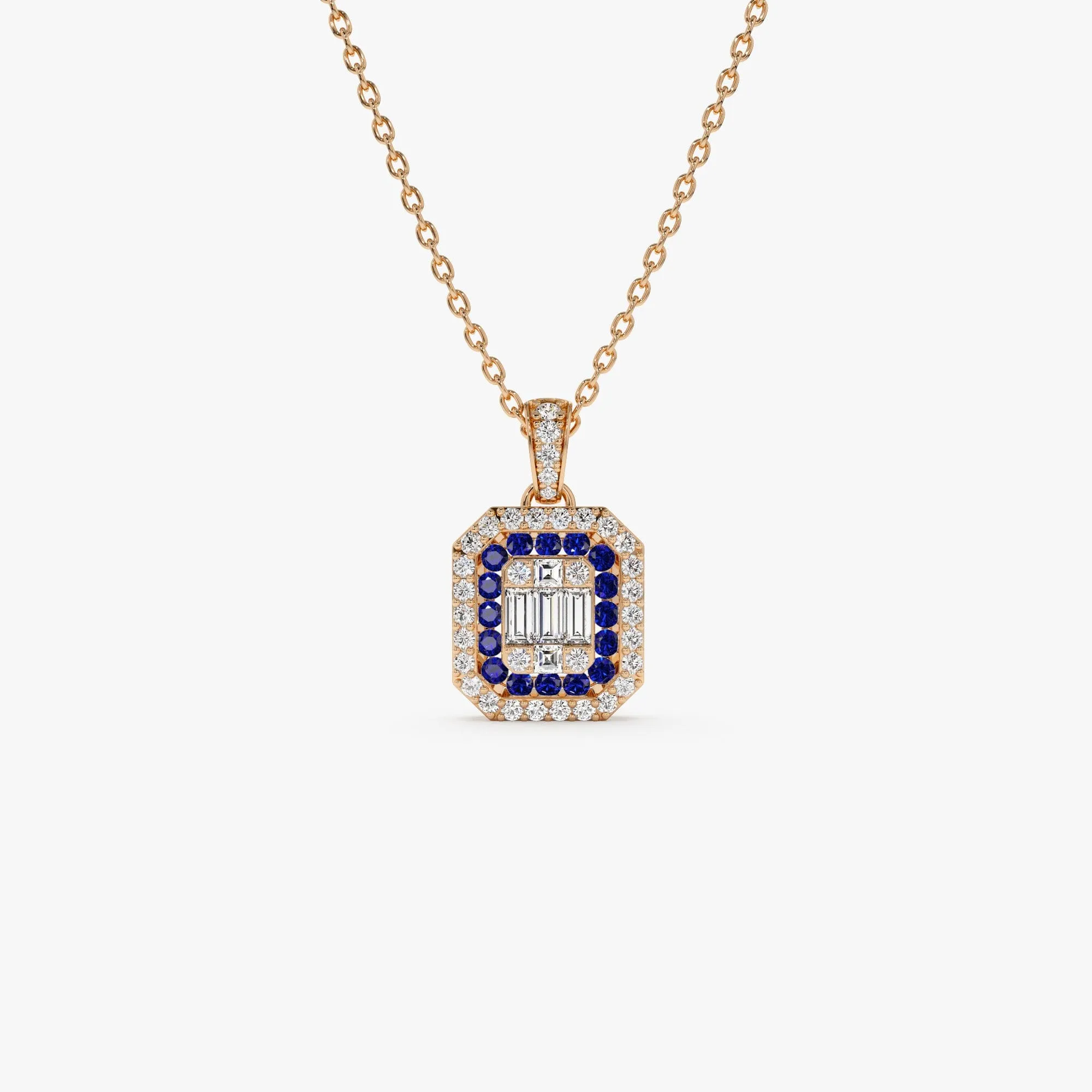 Baguette and Round Sapphire Necklace with Halo Setting - Image 4