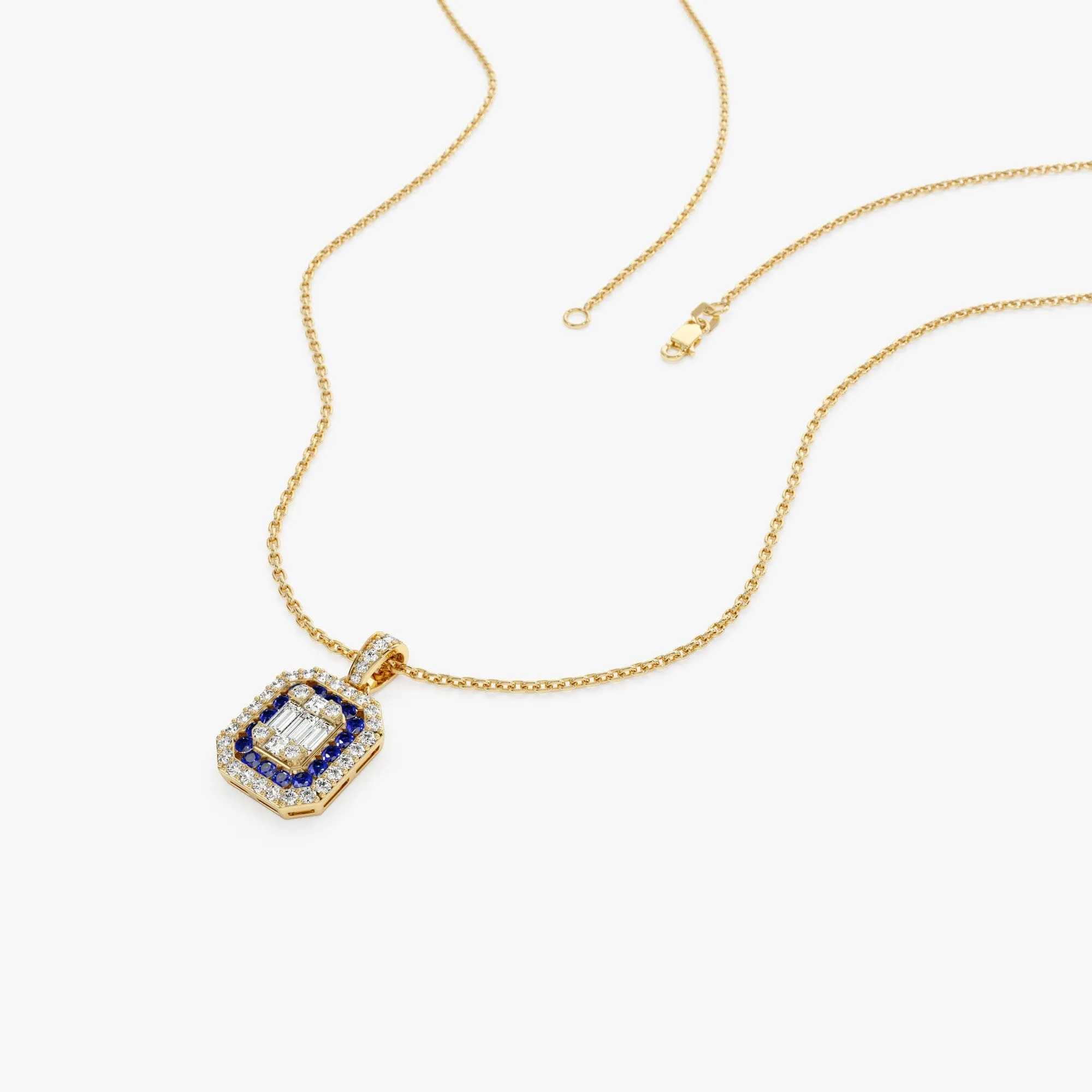 Baguette and Round Sapphire Necklace with Halo Setting - Image 5