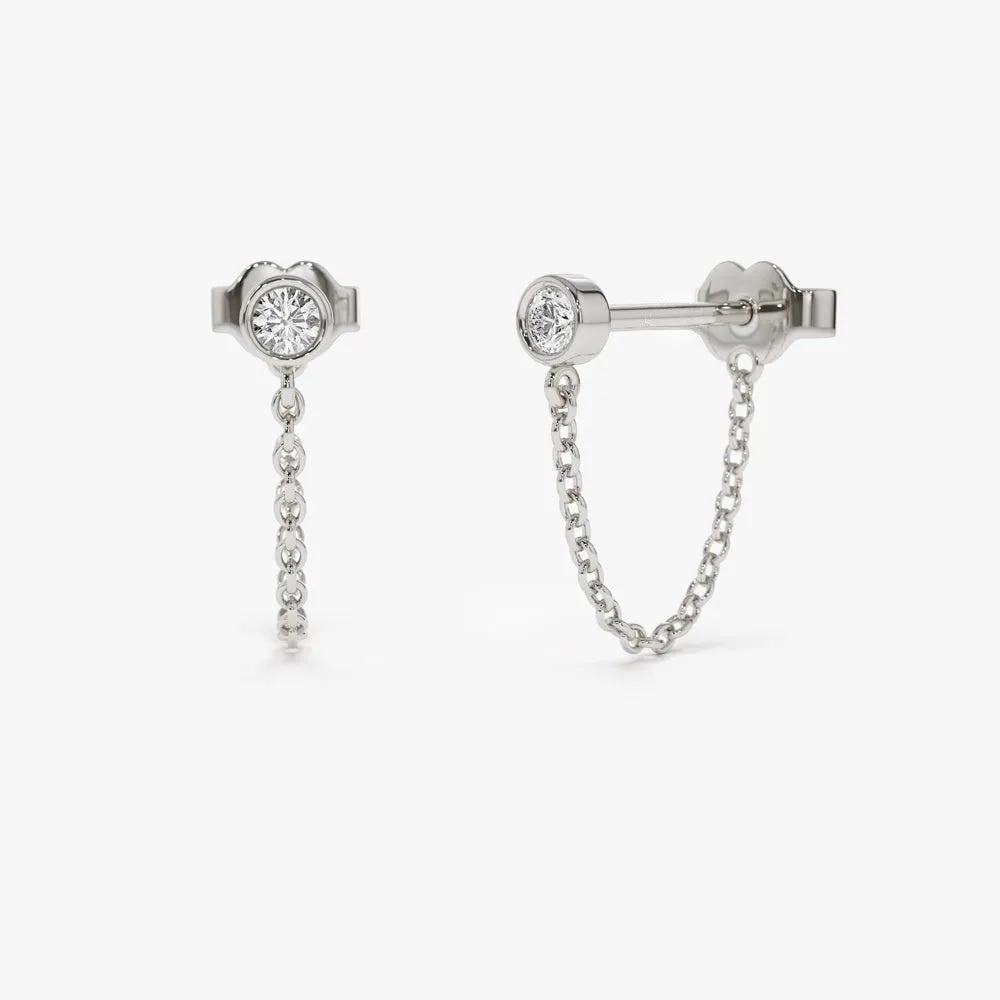 Bezel Setting Diamond Studs Chain Earrings - Image 7