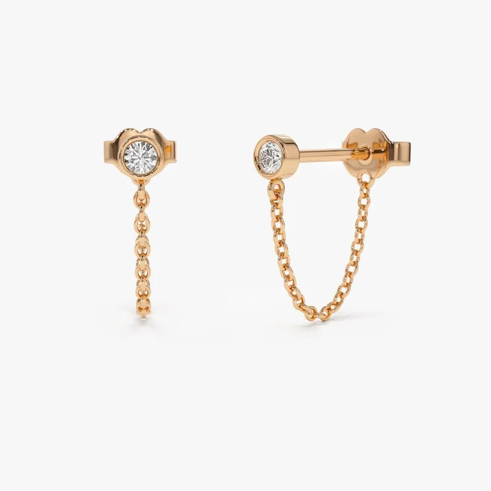 Bezel Setting Diamond Studs Chain Earrings - Image 8