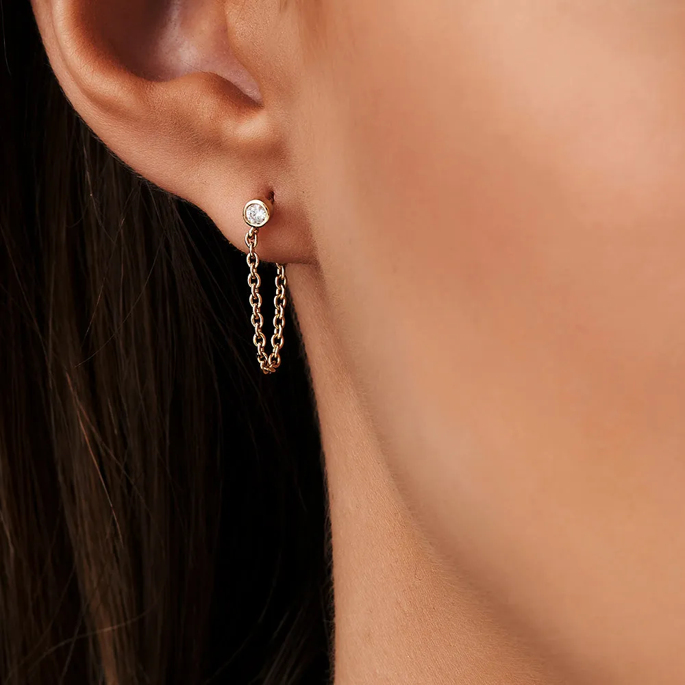 Bezel Setting Diamond Studs Chain Earrings - Image 2