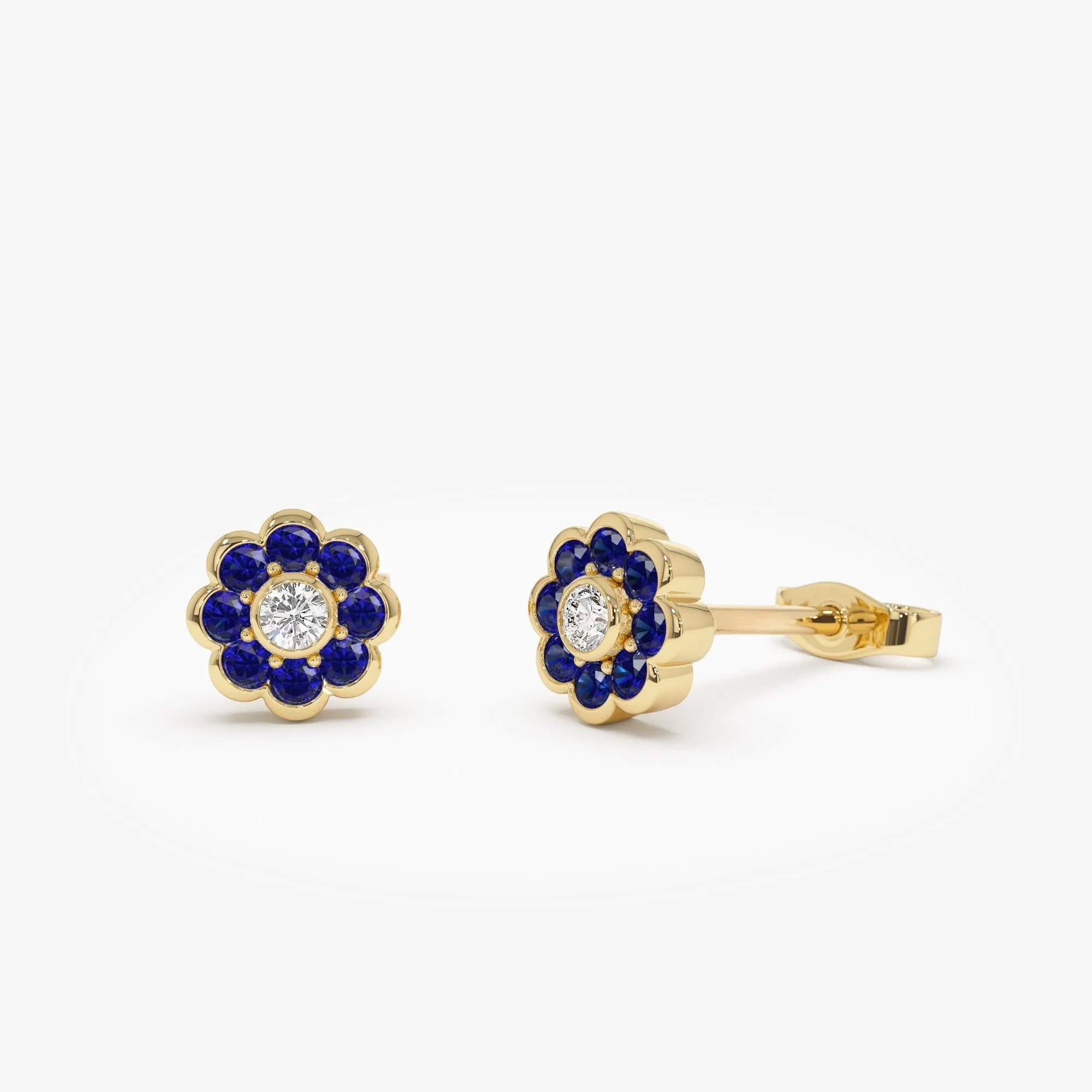 Bezel Setting Sapphire Flower Diamond Studs