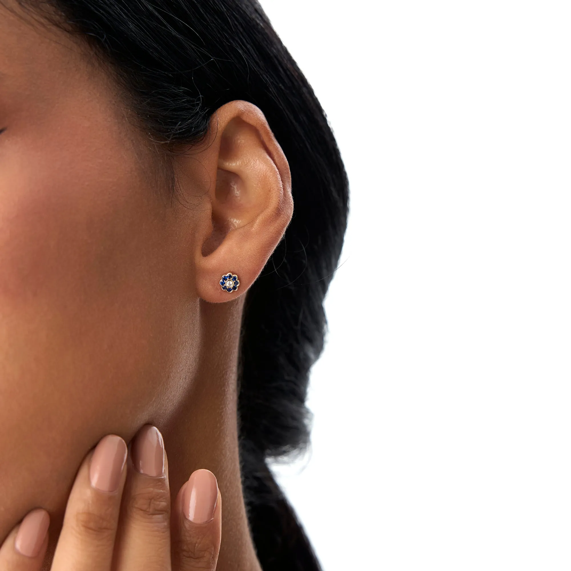 Bezel Setting Sapphire Flower Diamond Studs - Image 3