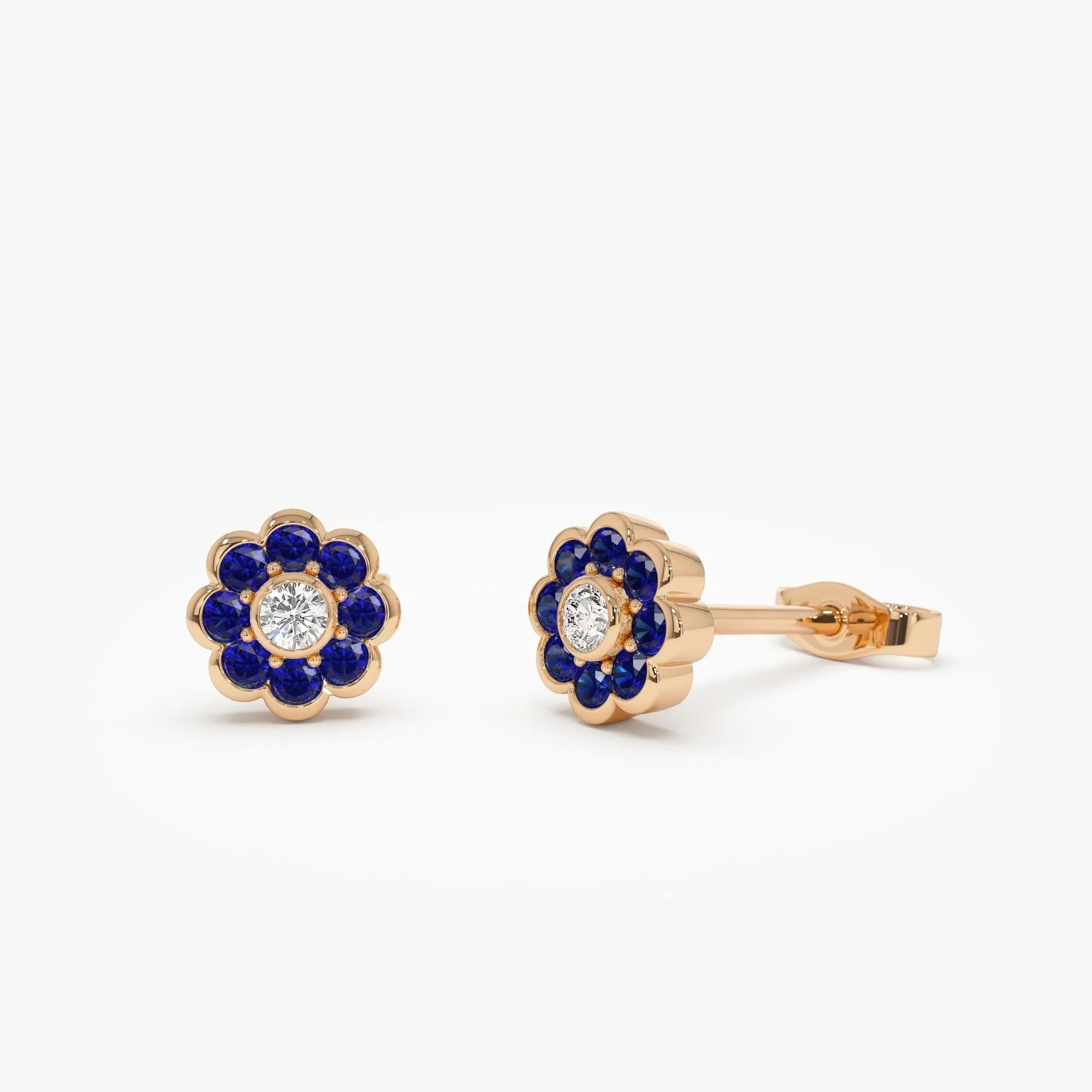 Bezel Setting Sapphire Flower Diamond Studs - Image 5