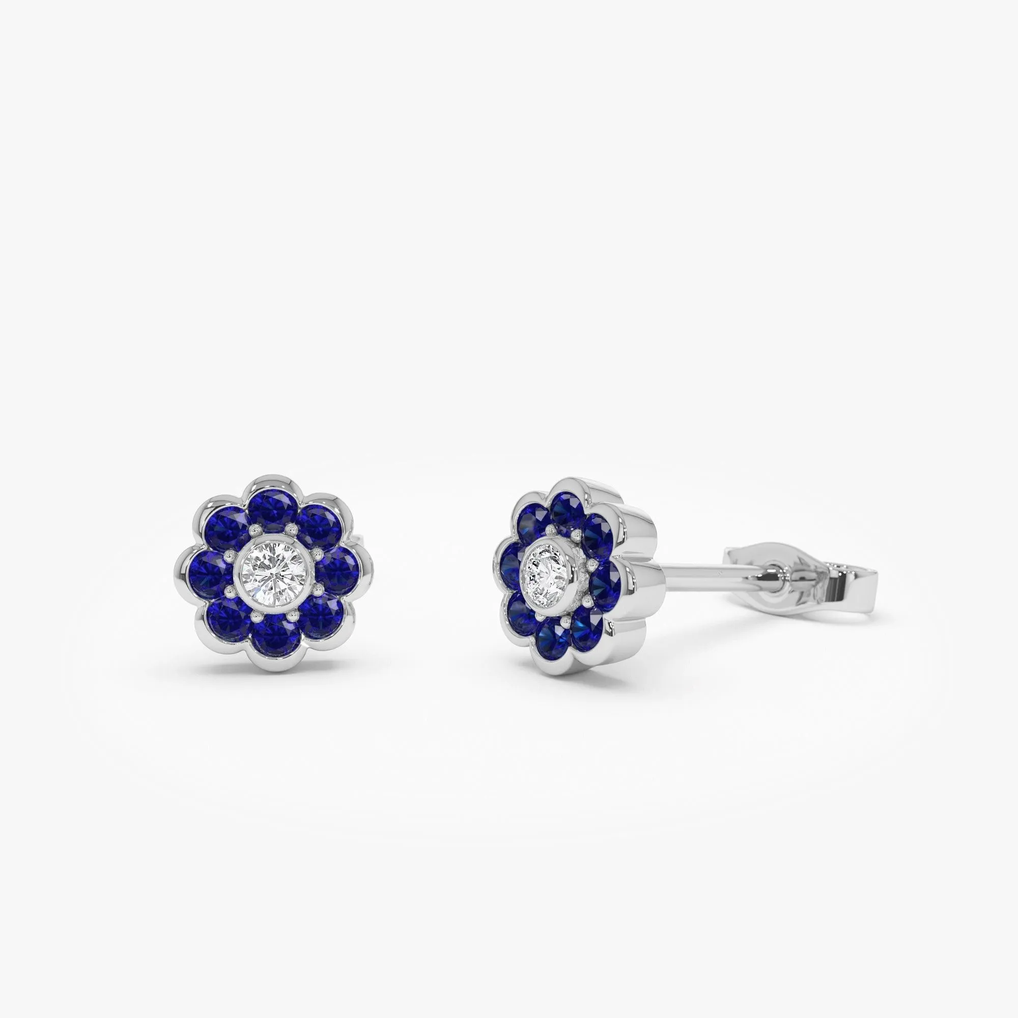 Bezel Setting Sapphire Flower Diamond Studs - Image 4