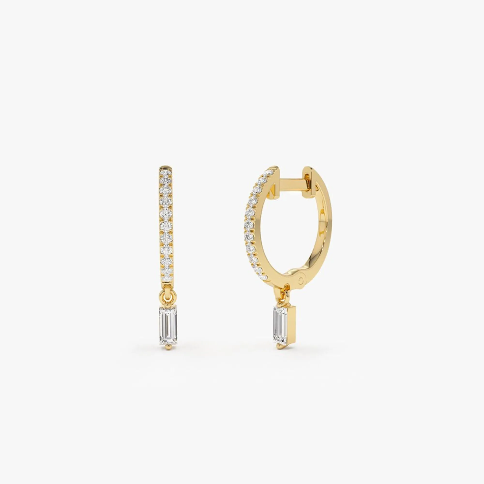 Diamond Huggies With A Dangling Baguette Diamond