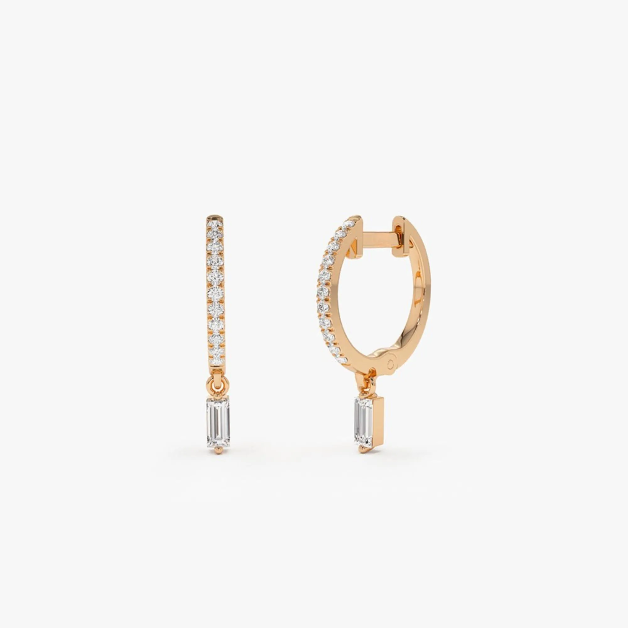 Diamond Huggies With A Dangling Baguette Diamond - Image 3