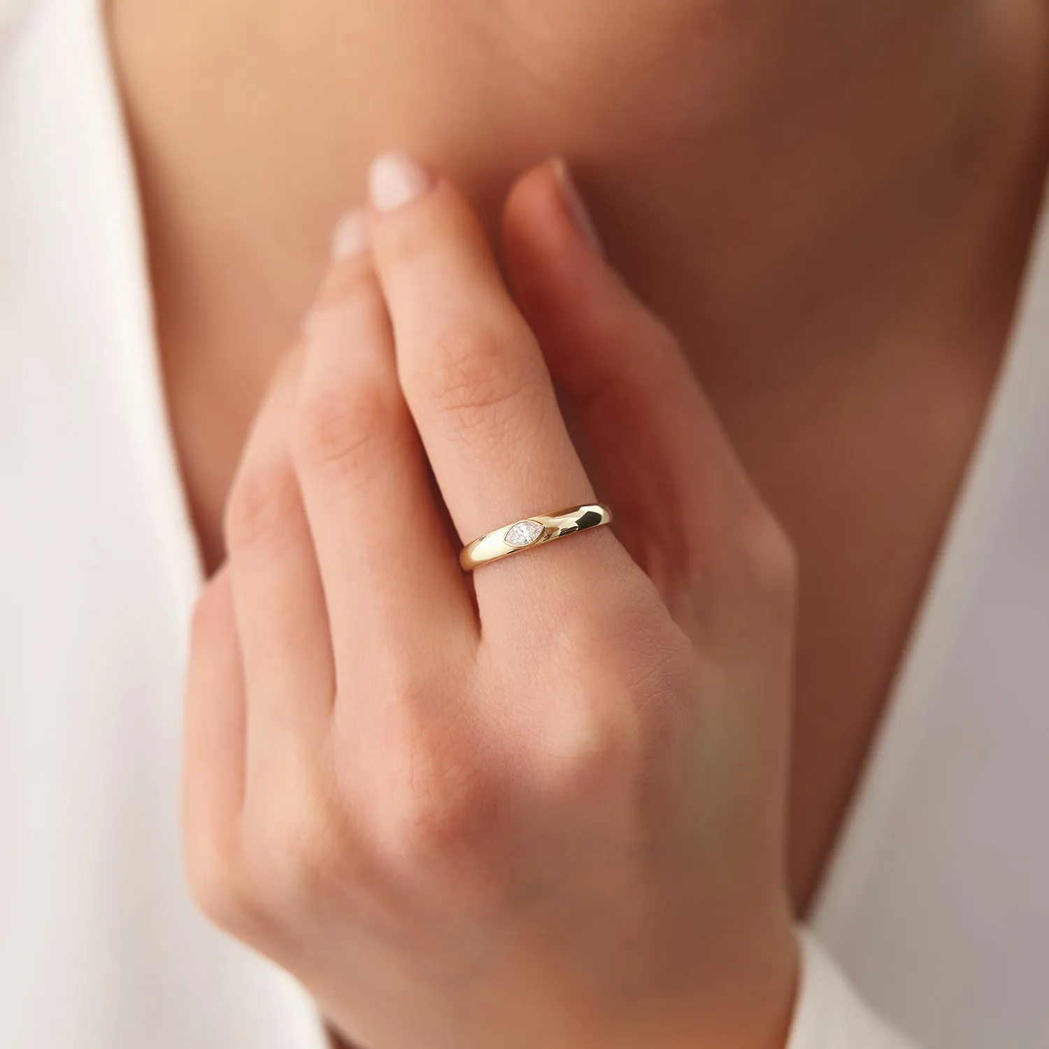 Dome Bezel Setting Marquise Diamond Solitaire Ring - Image 8