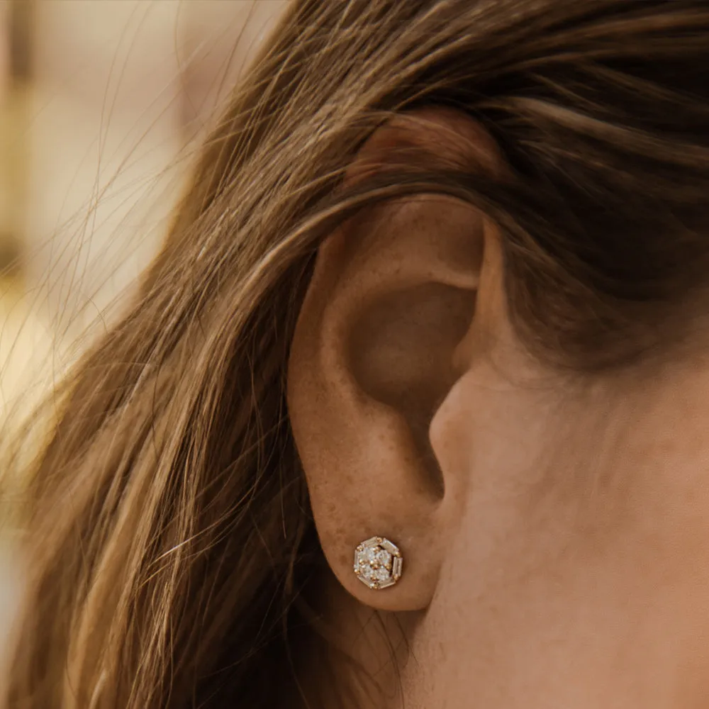 Gold Baguette And Round Diamond Cluster Studs - Image 3
