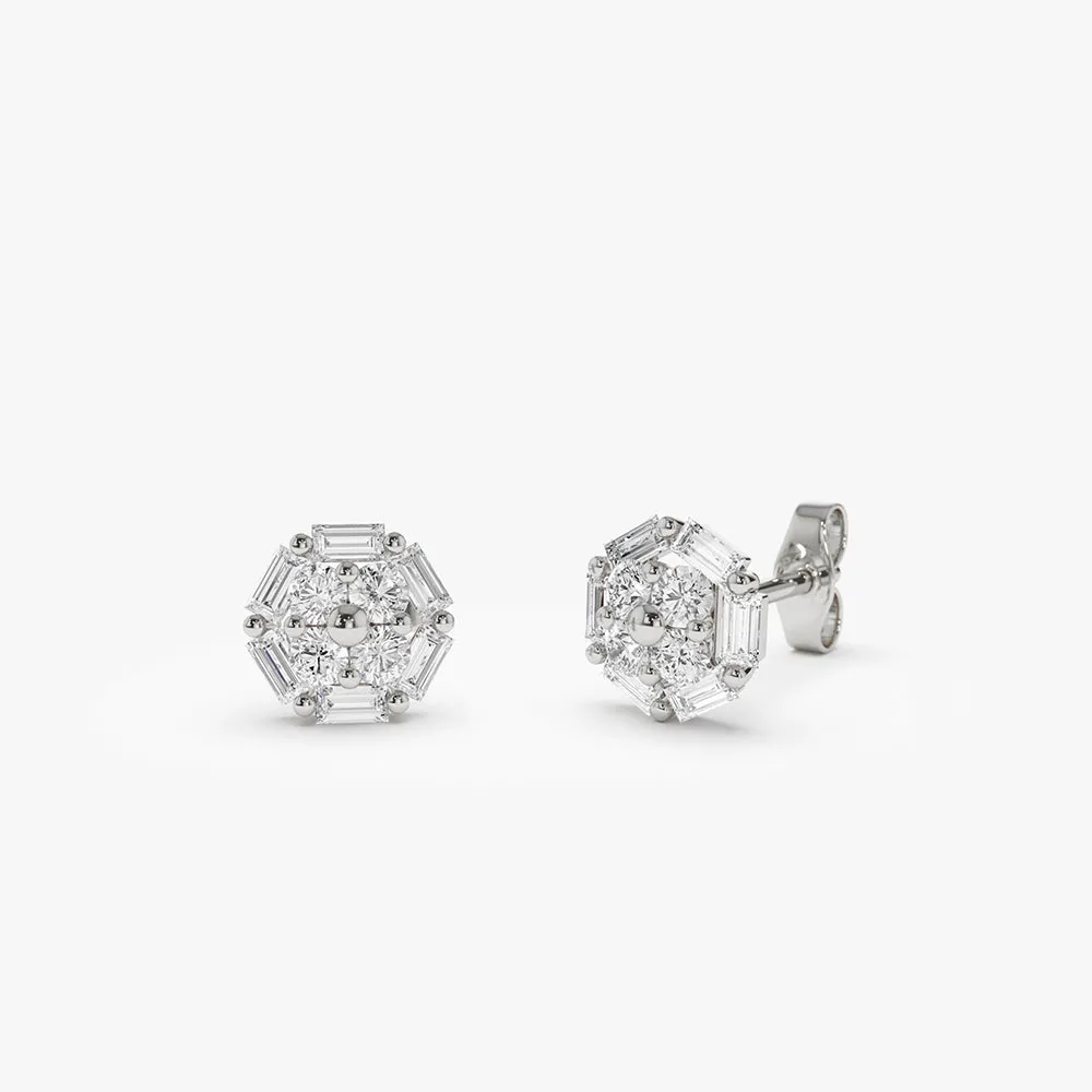 Gold Baguette And Round Diamond Cluster Studs - Image 2