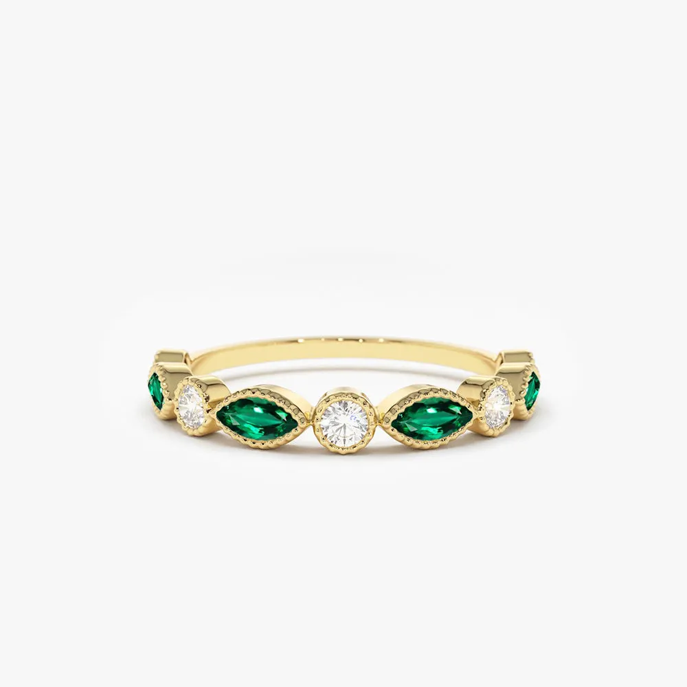Marquise Emerald and Diamond Wedding Band