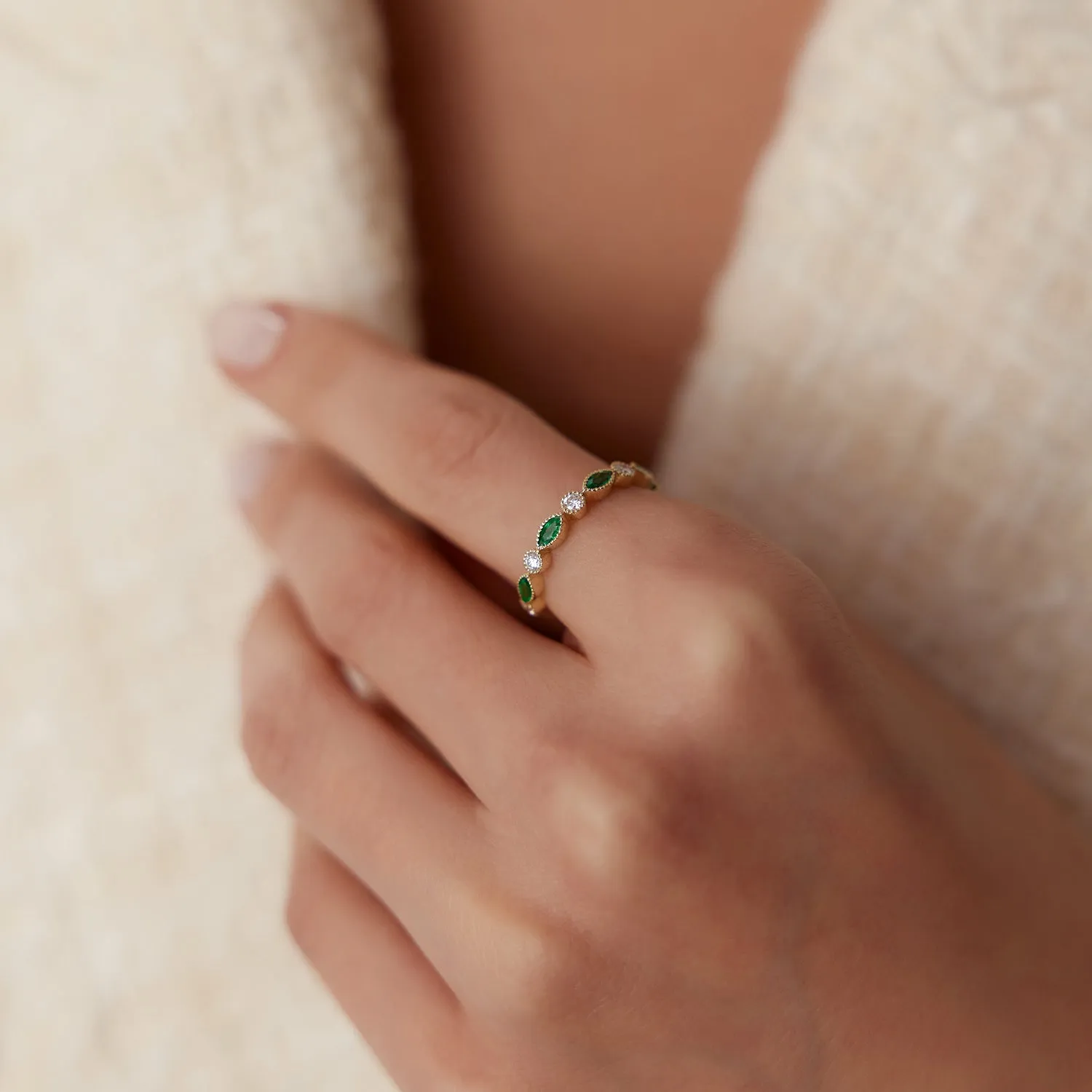 Marquise Emerald and Diamond Wedding Band - Image 2