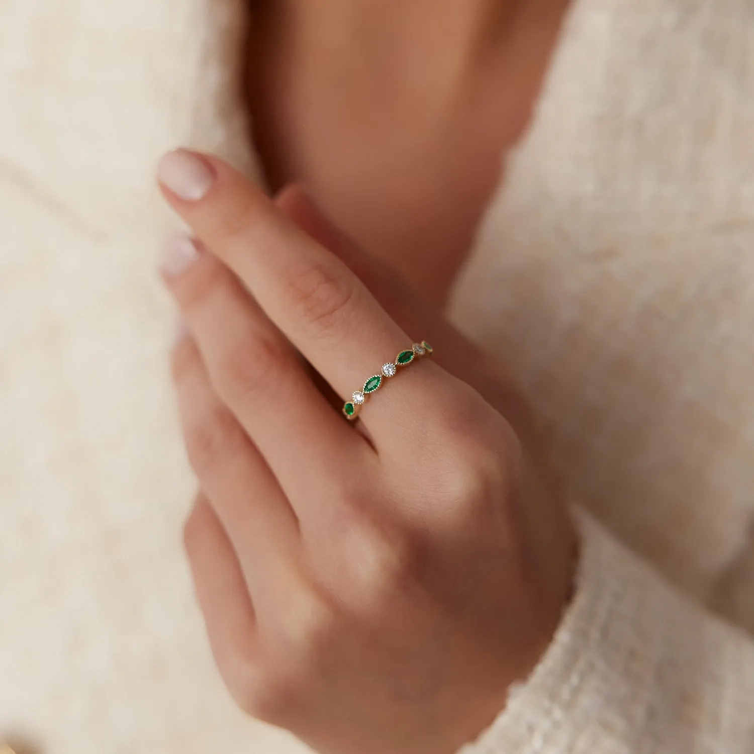 Marquise Emerald and Diamond Wedding Band - Image 4