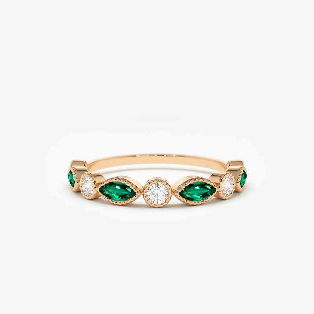 Marquise Emerald and Diamond Wedding Band - Image 5