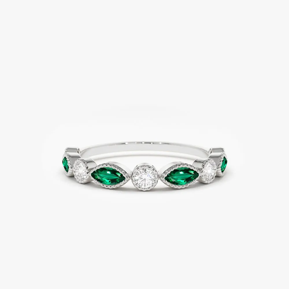 Marquise Emerald and Diamond Wedding Band - Image 6