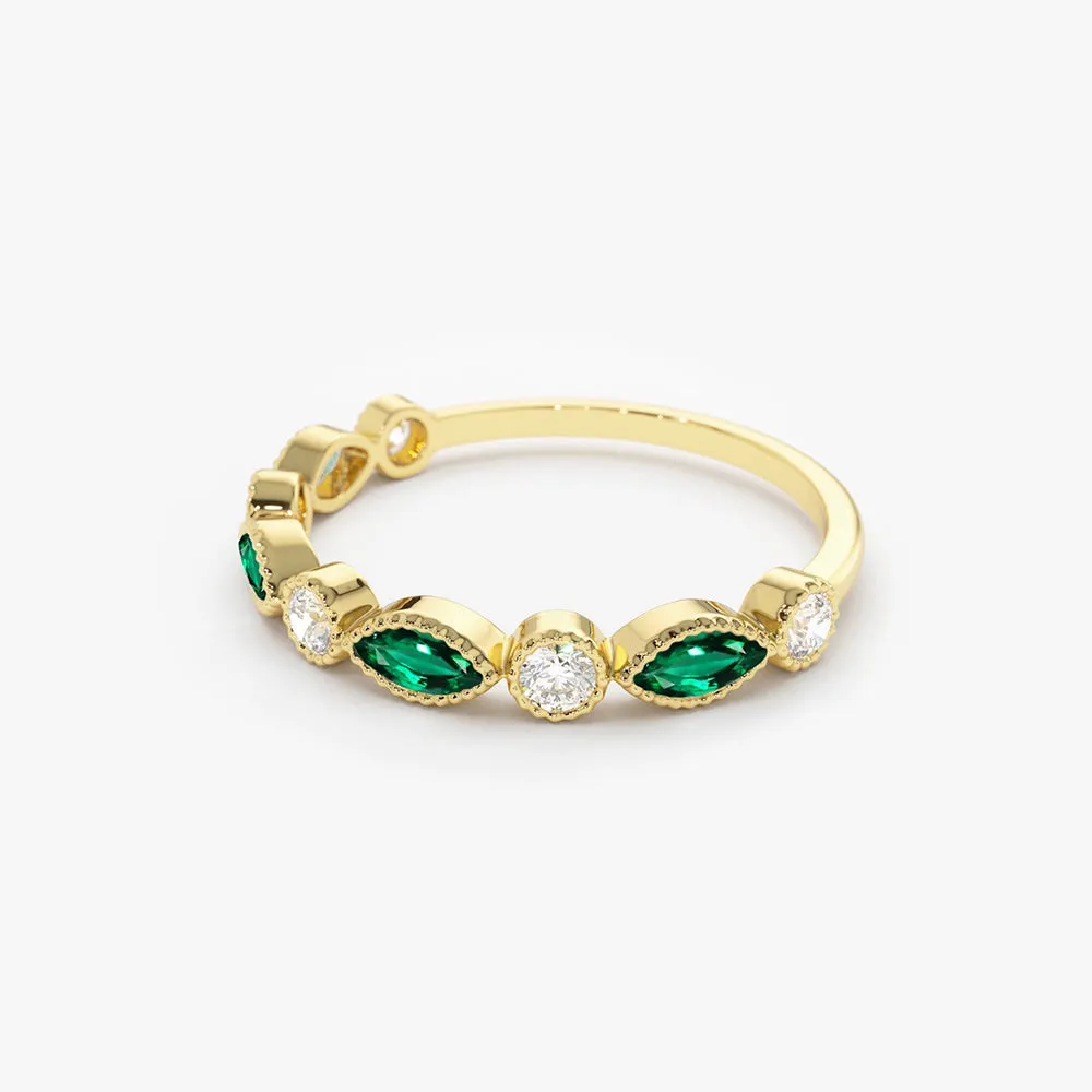 Marquise Emerald and Diamond Wedding Band - Image 7