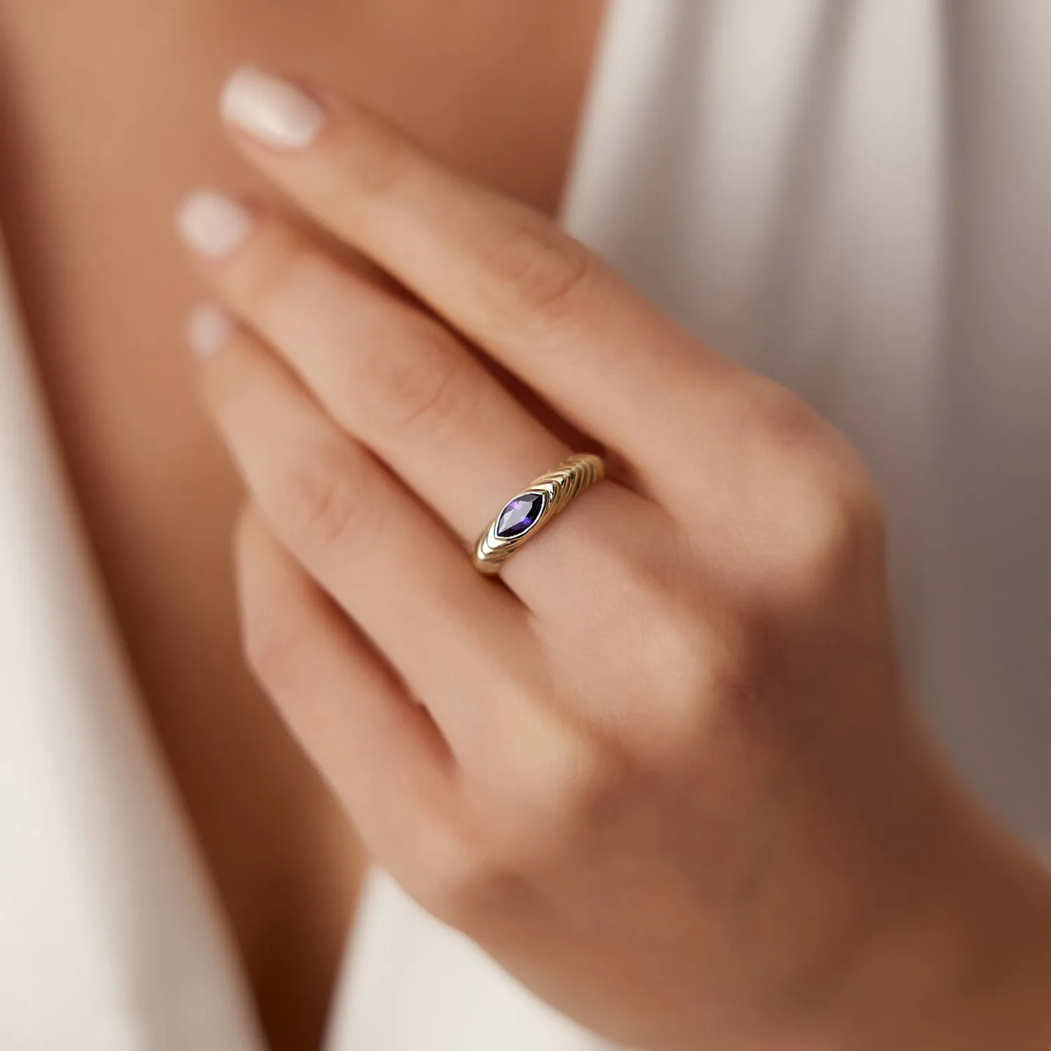 Marquise Shape Amethyst Beveled Ring - Image 3