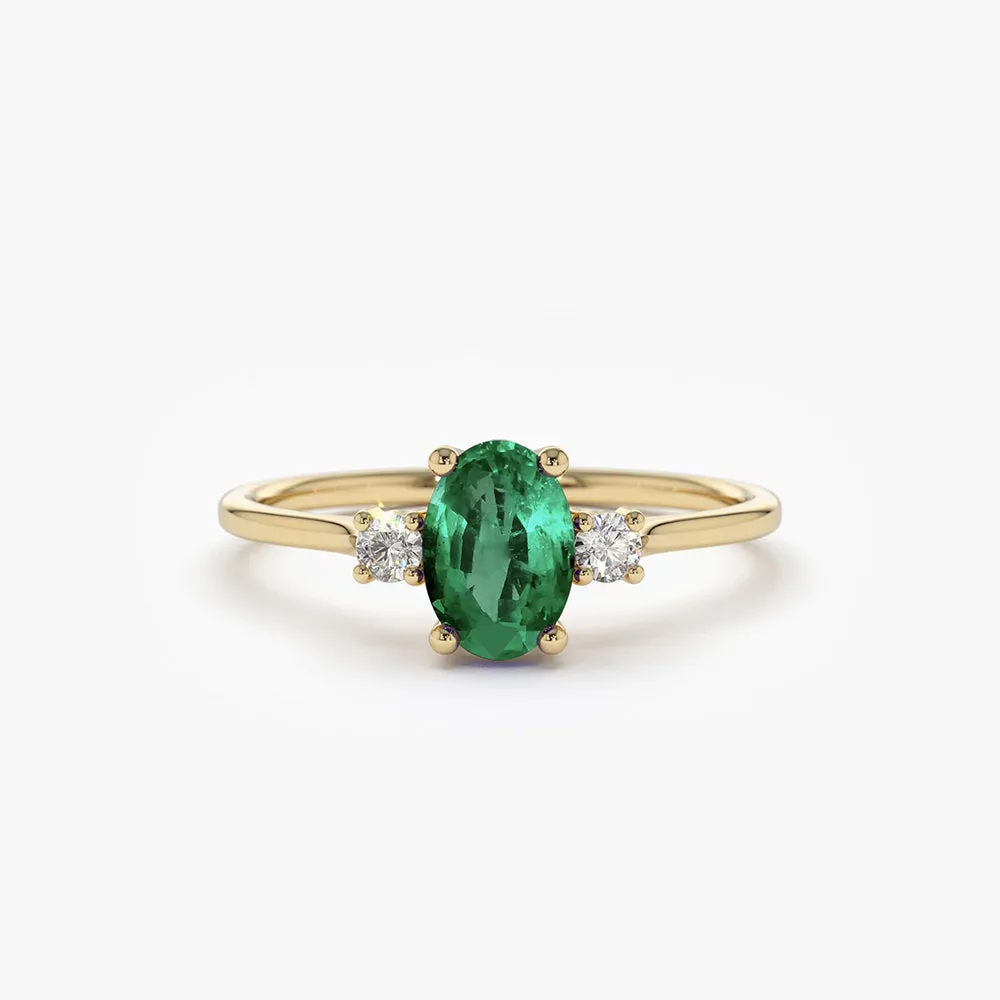 Oval Shape Emerald and Diamond 3 Stone Ring