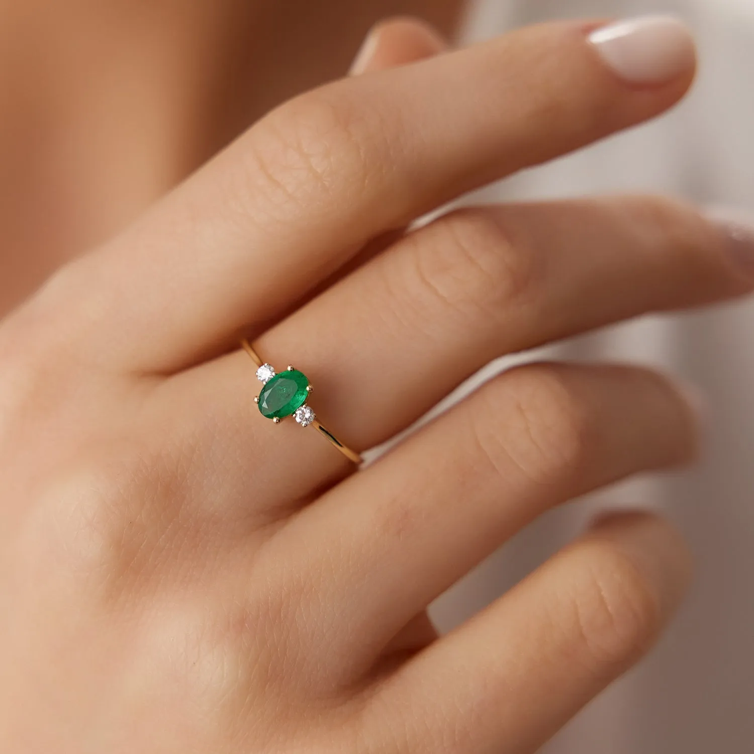 Oval Shape Emerald and Diamond 3 Stone Ring - Image 2
