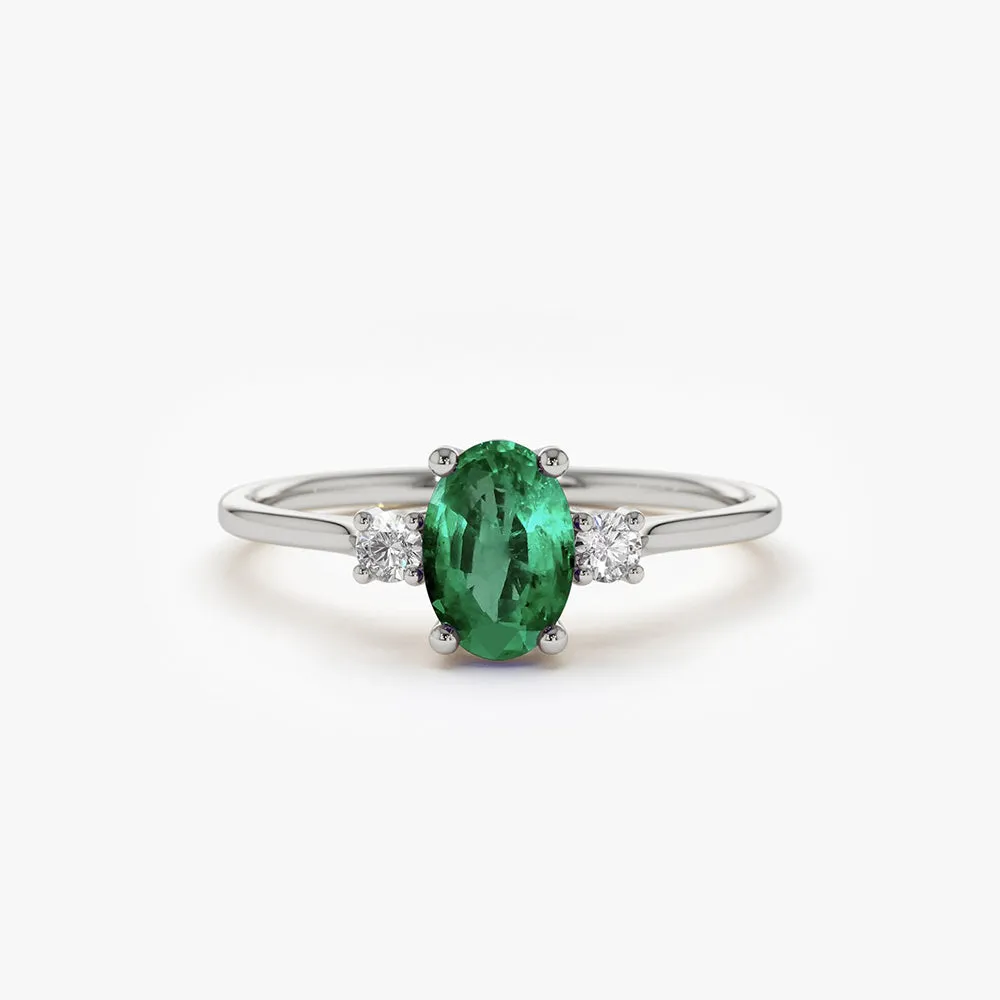 Oval Shape Emerald and Diamond 3 Stone Ring - Image 5
