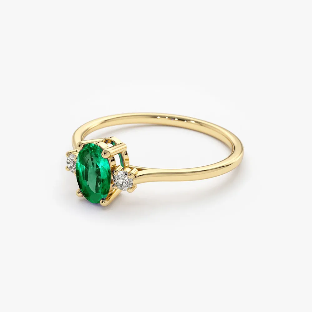 Oval Shape Emerald and Diamond 3 Stone Ring - Image 6