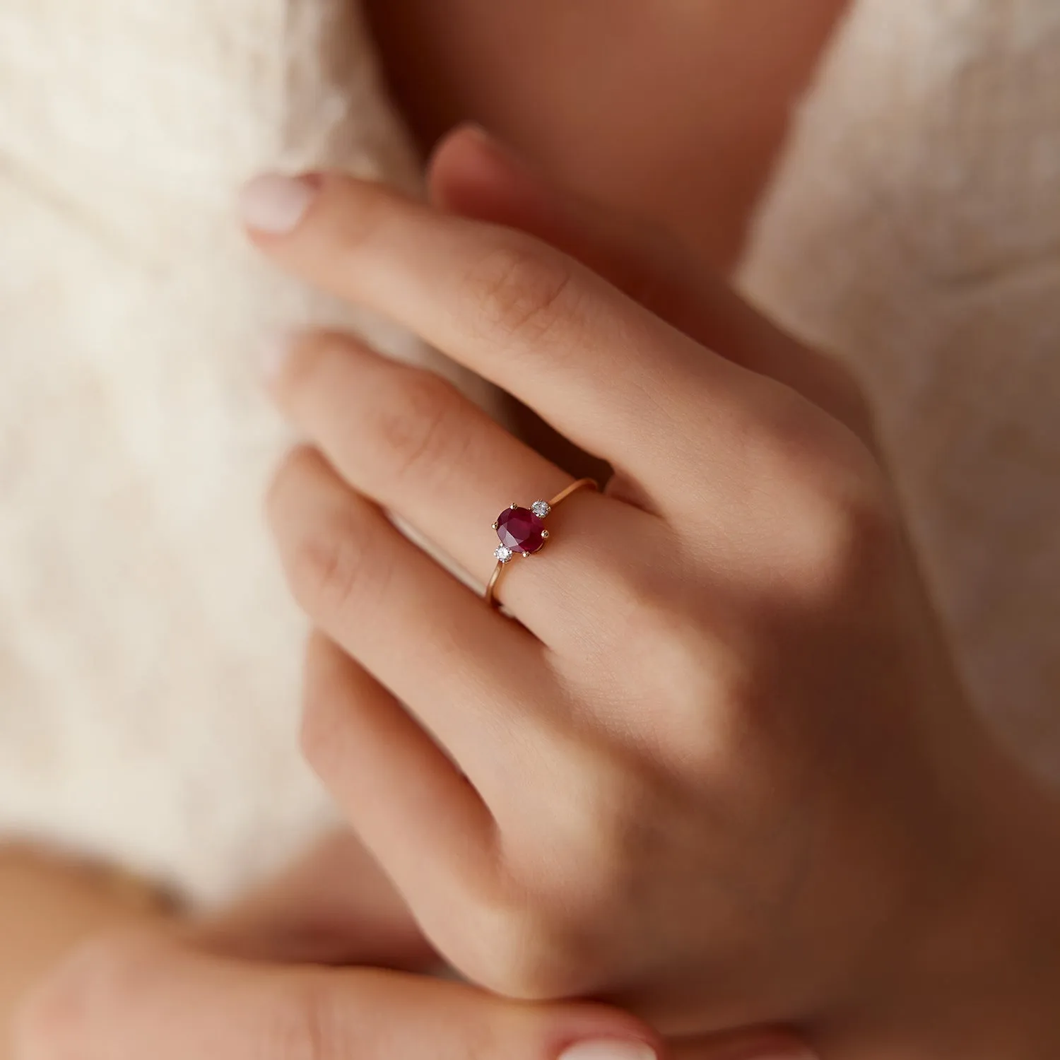 Oval Shape Ruby and Diamond 3 Stone Ring - Image 2