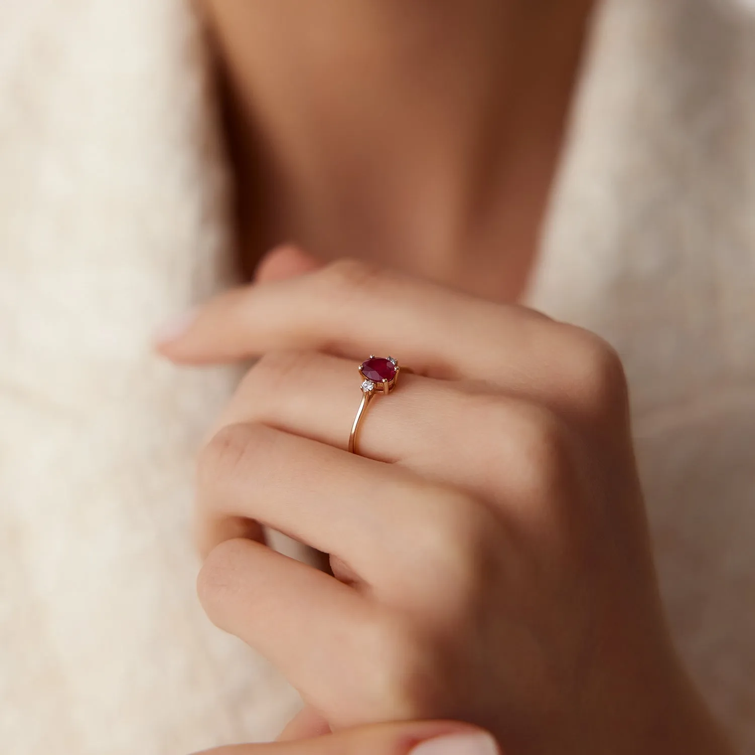 Oval Shape Ruby and Diamond 3 Stone Ring - Image 3