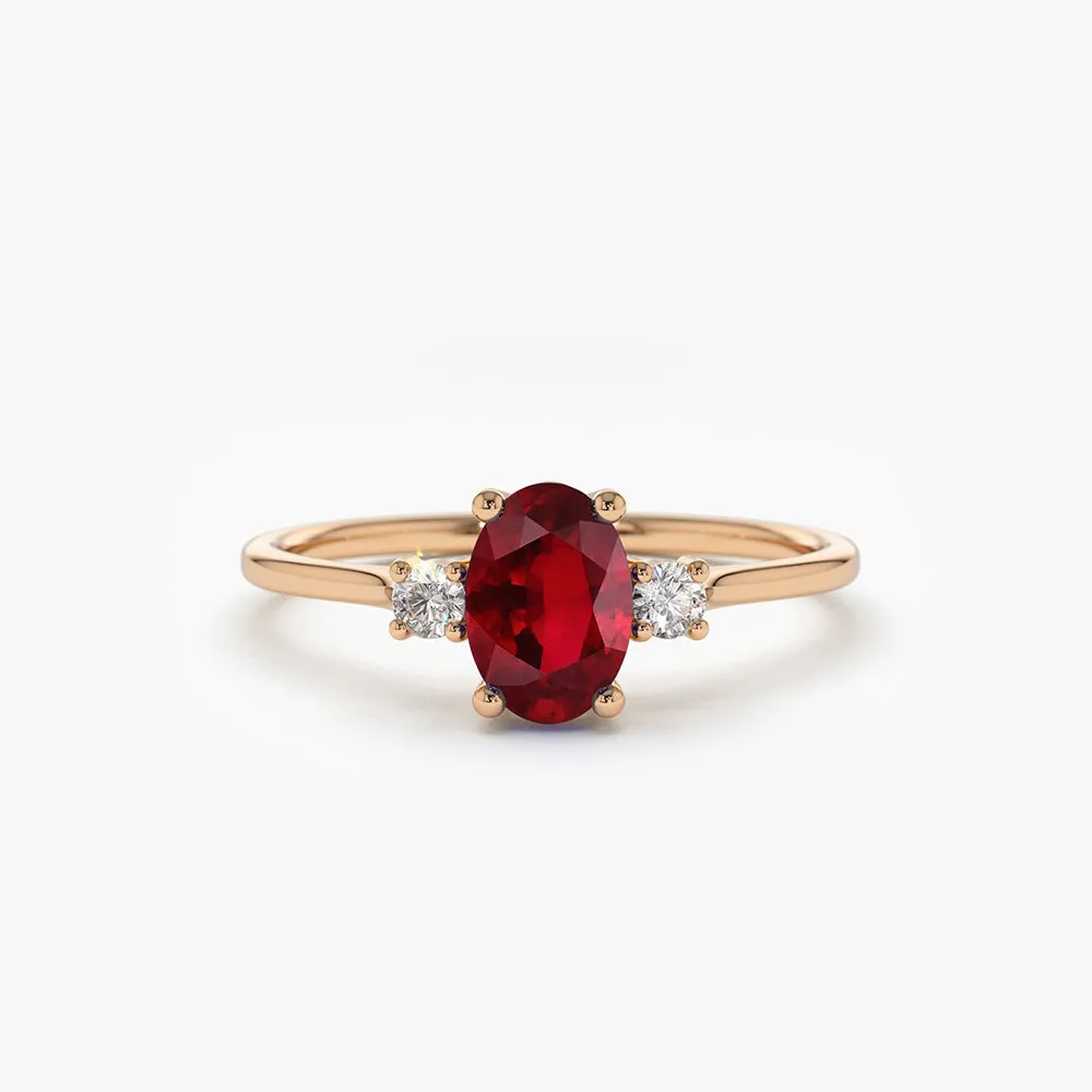 Oval Shape Ruby and Diamond 3 Stone Ring - Image 5