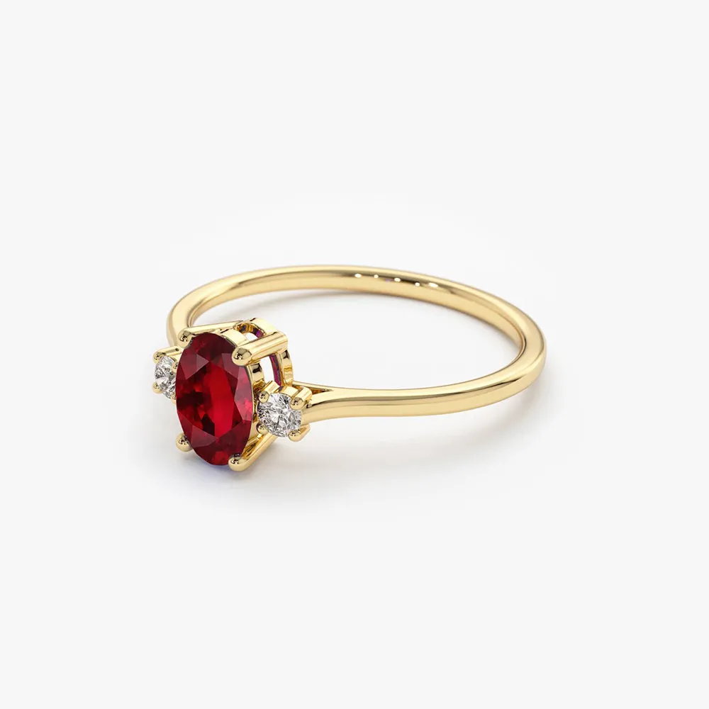 Oval Shape Ruby and Diamond 3 Stone Ring - Image 6