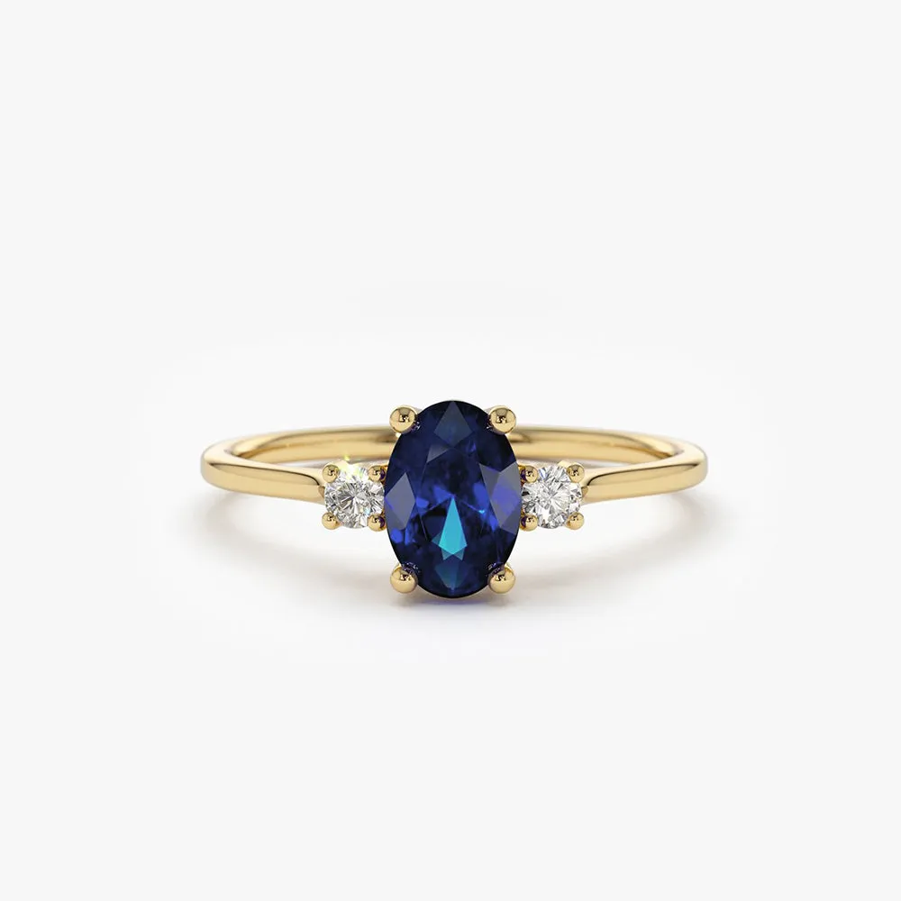 Oval Shape Sapphire and Diamond 3 Stone Ring