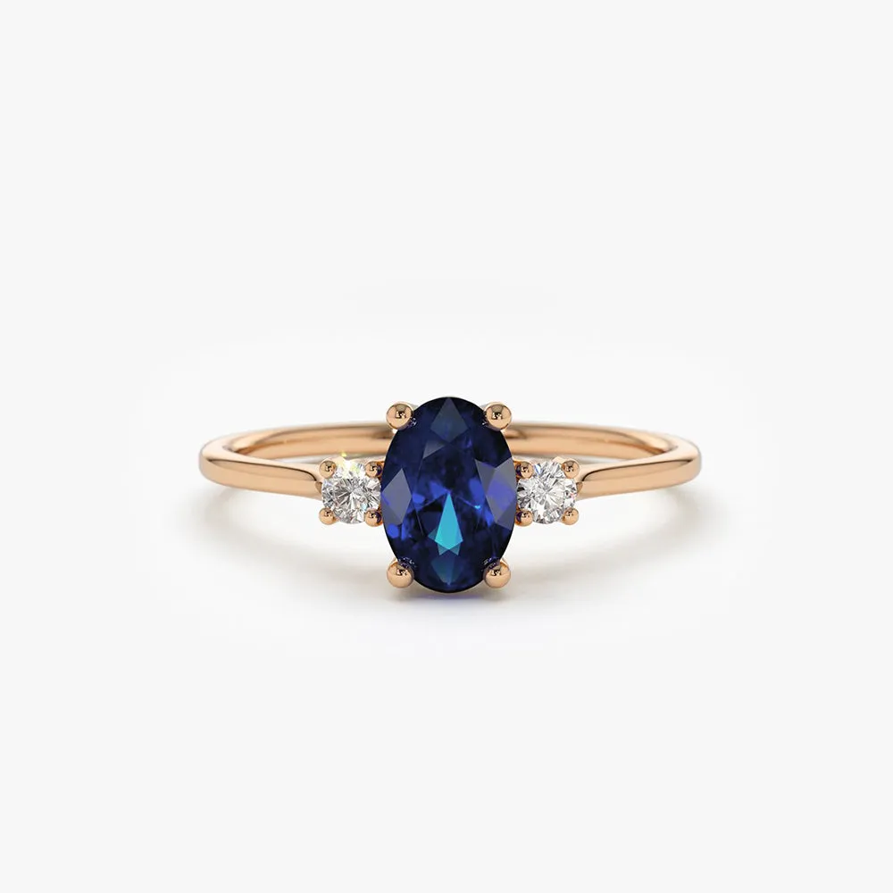 Oval Shape Sapphire and Diamond 3 Stone Ring - Image 3