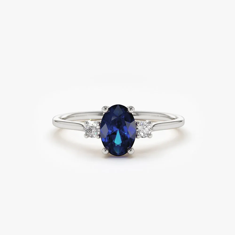 Oval Shape Sapphire and Diamond 3 Stone Ring - Image 4
