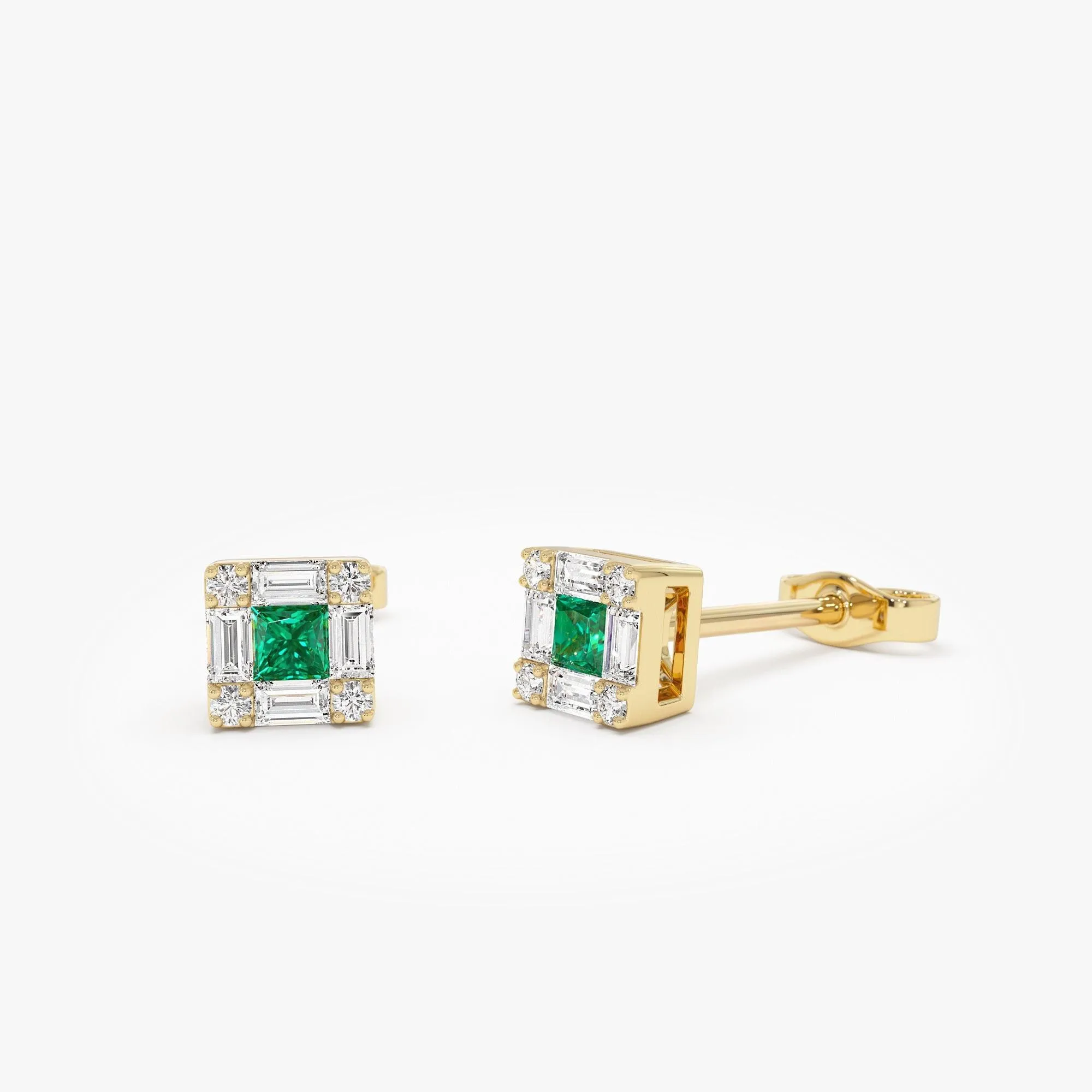 Princess Cut Emerald Stud Earrings With Diamond Halo
