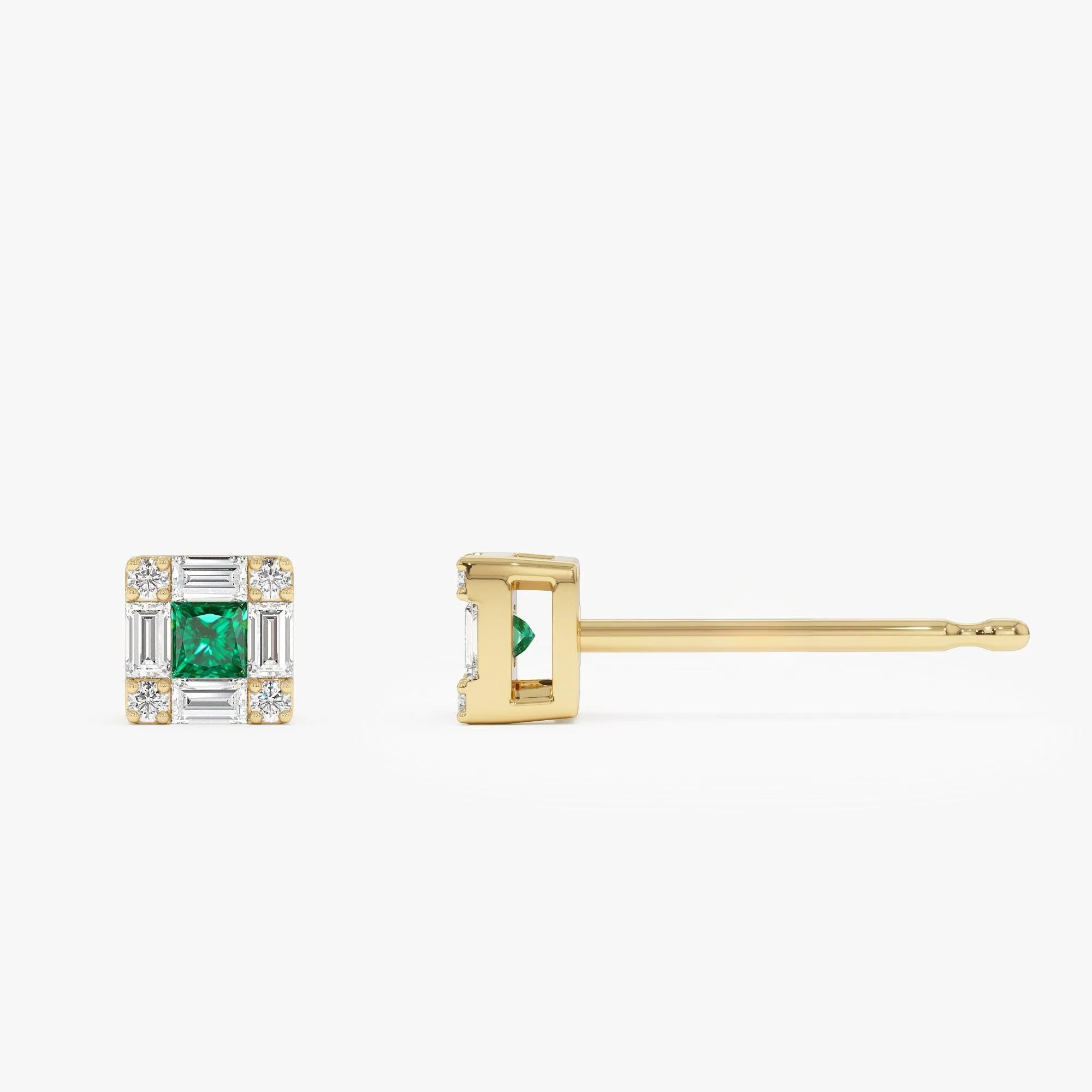 Princess Cut Emerald Stud Earrings With Diamond Halo - Image 2