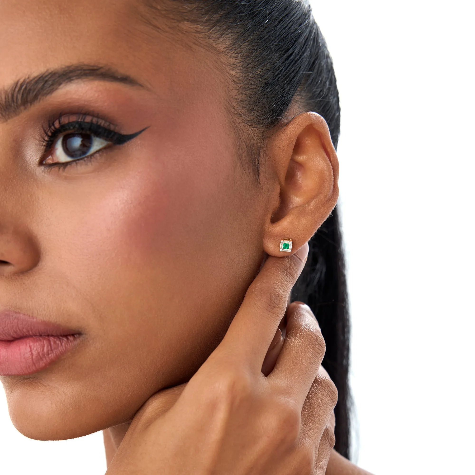 Princess Cut Emerald Stud Earrings With Diamond Halo - Image 5