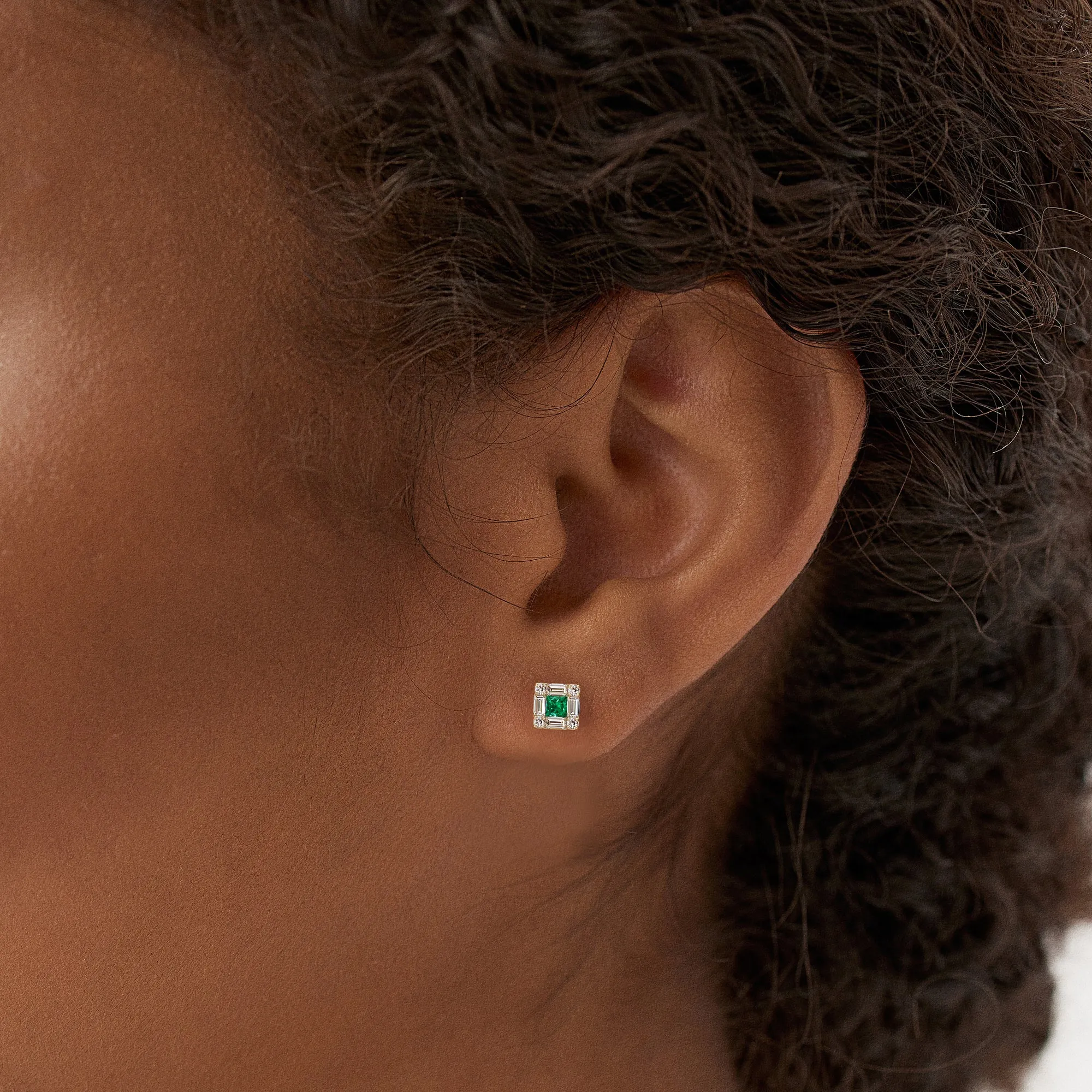 Princess Cut Emerald Stud Earrings With Diamond Halo - Image 6