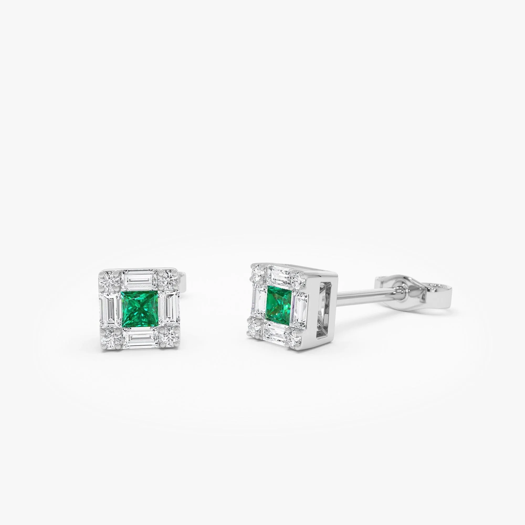 Princess Cut Emerald Stud Earrings With Diamond Halo - Image 3