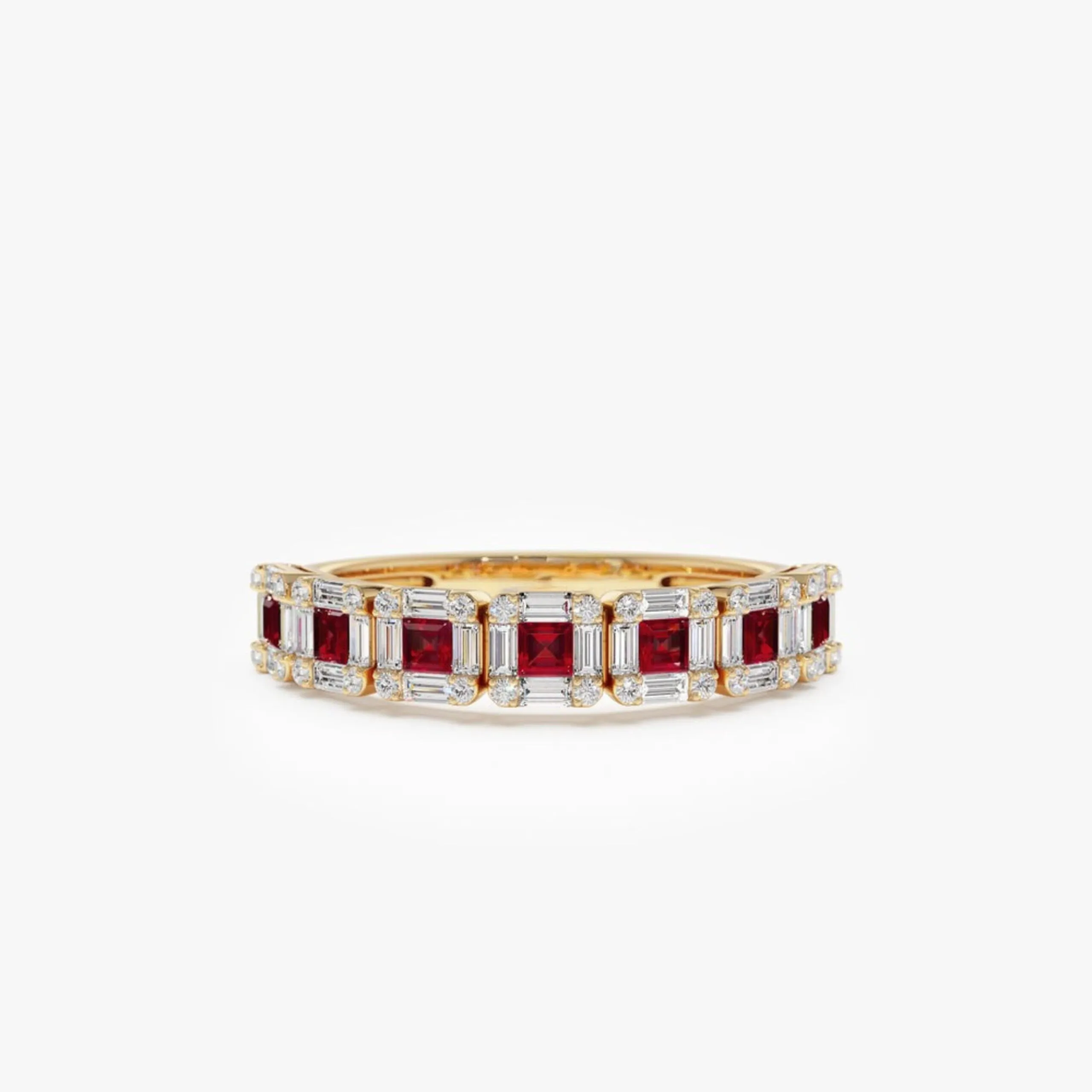 Princess Cut Ruby W Baguette and Round Diamond Ring