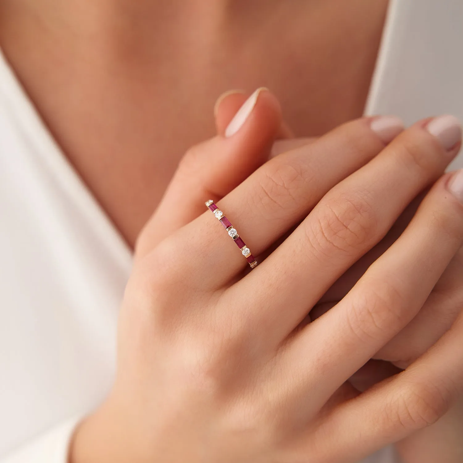 Ruby Baguette and Diamond Stackable Wedding Ring - Image 6