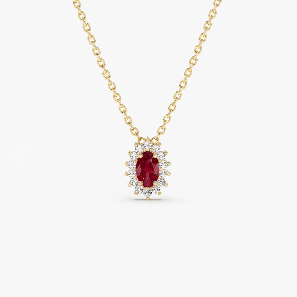 Ruby Necklace with Halo Diamonds